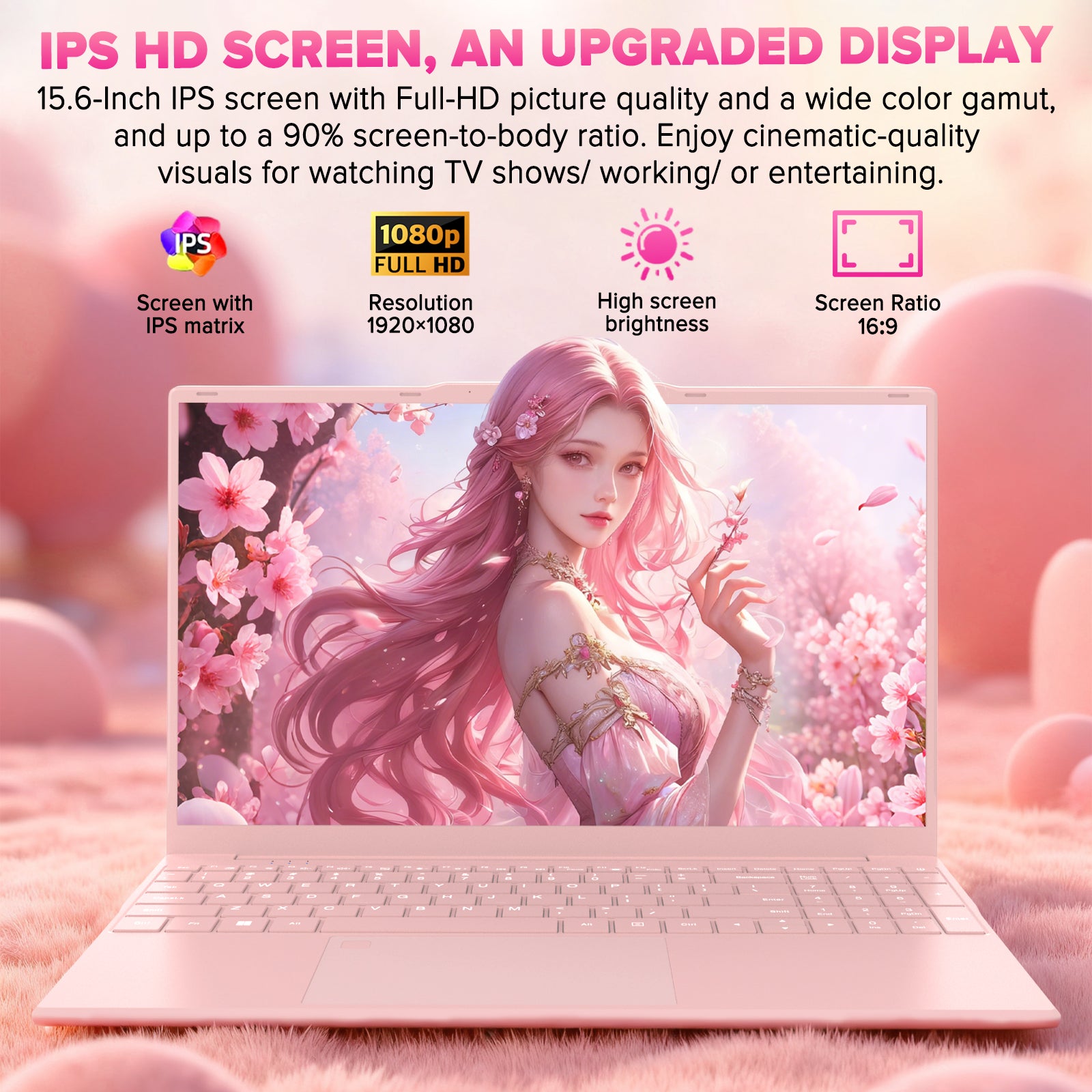 auusda 15.6" FHD IPS Pink Laptop, Quad Core N5100 High Speed CPU, 8GB Dual RAM 512GB SSD, 6000mAh, USB3.0, Fingerprint Unlock, Backlit Keyboard - Ideal for Students & Business, Girl's Laptop computer