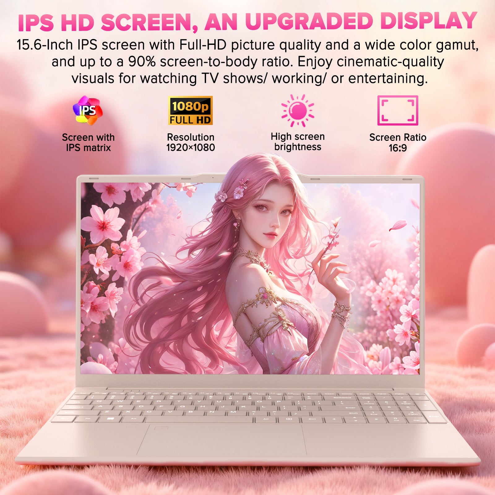 auusda 15.6Inch Laptop, 32GB Dual Channel RAM, 1TB SSD, up to 2.80 GHz, Fingerprint Unlock, Backlit Keyboard - Ideal for Students & Professionals,  6000mAh, USB3.0*2, Pink Computer
