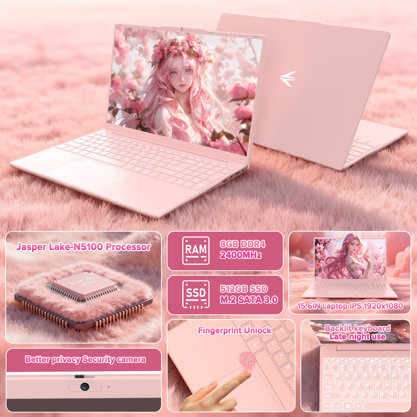 auusda 15.6" FHD IPS Pink Laptop, Quad Core N5100 High Speed CPU, 8GB Dual RAM 512GB SSD, 6000mAh, USB3.0, Fingerprint Unlock, Backlit Keyboard - Ideal for Students & Business, Girl's Laptop computer
