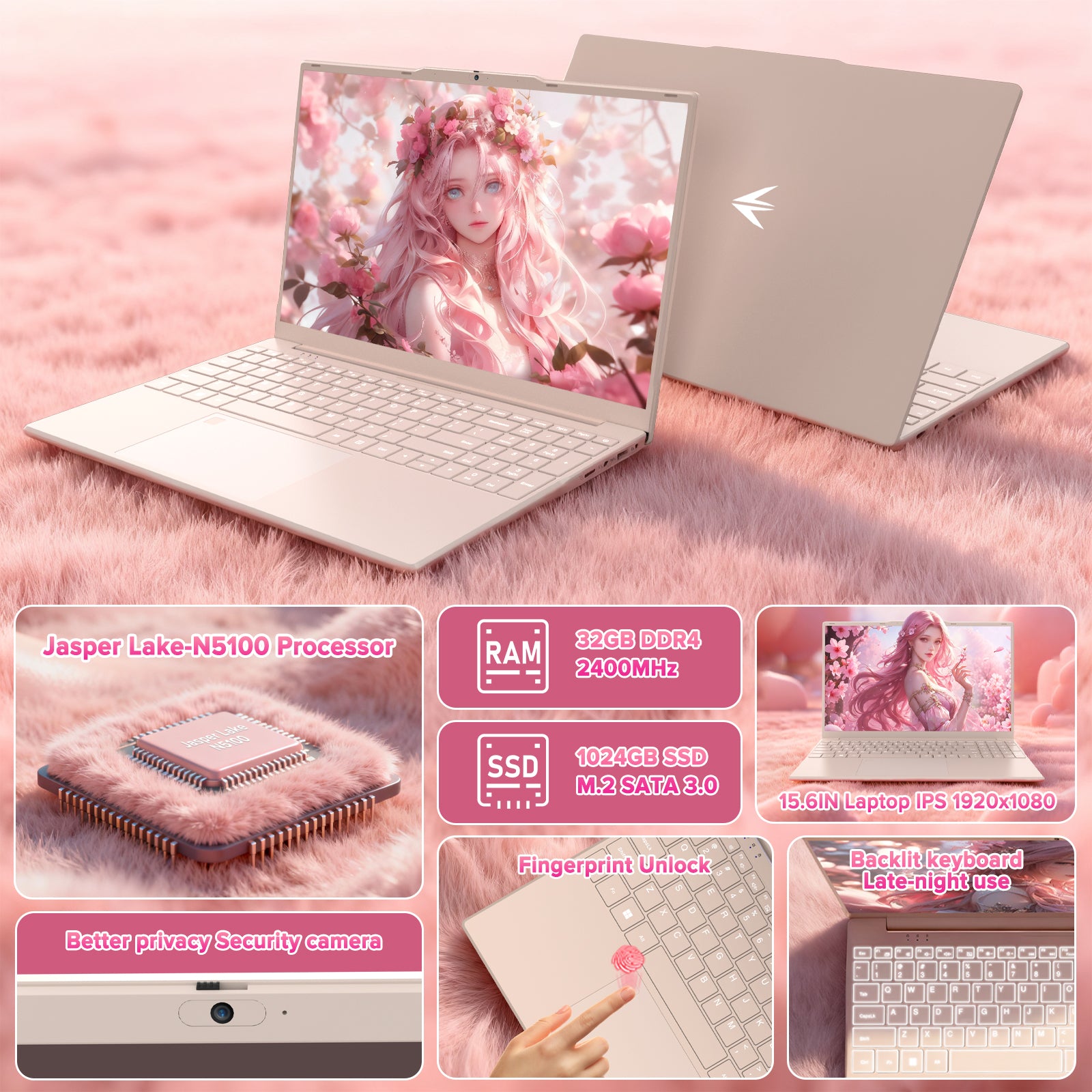 auusda 15.6Inch Laptop, 32GB Dual Channel RAM, 1TB SSD, up to 2.80 GHz, Fingerprint Unlock, Backlit Keyboard - Ideal for Students & Professionals,  6000mAh, USB3.0*2, Pink Computer