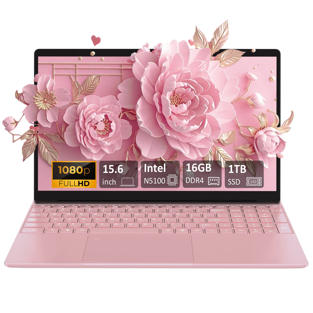 auusda 15.6" Laptop Computer, 16GB RAM 1TB SSD, N5100 CPU, Windows 11 Pro Notebook, Backlit Keyboard, Fingerprint Unlock, Pink