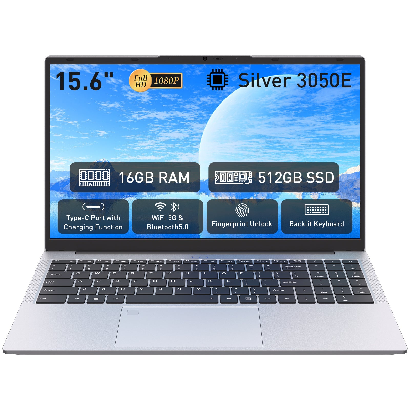 Laptop 15.6 Inch PC, 16GB Dual RAM 512GB SSD, Ordinateur Portable, Type-C Full Function, Dual-Core Processor Up to 2.8GHz, Backlit Fingerprint Unlock, 1920x1080P FHD WiFi 5 USB 3.0&2.0 6000mAh, Silver