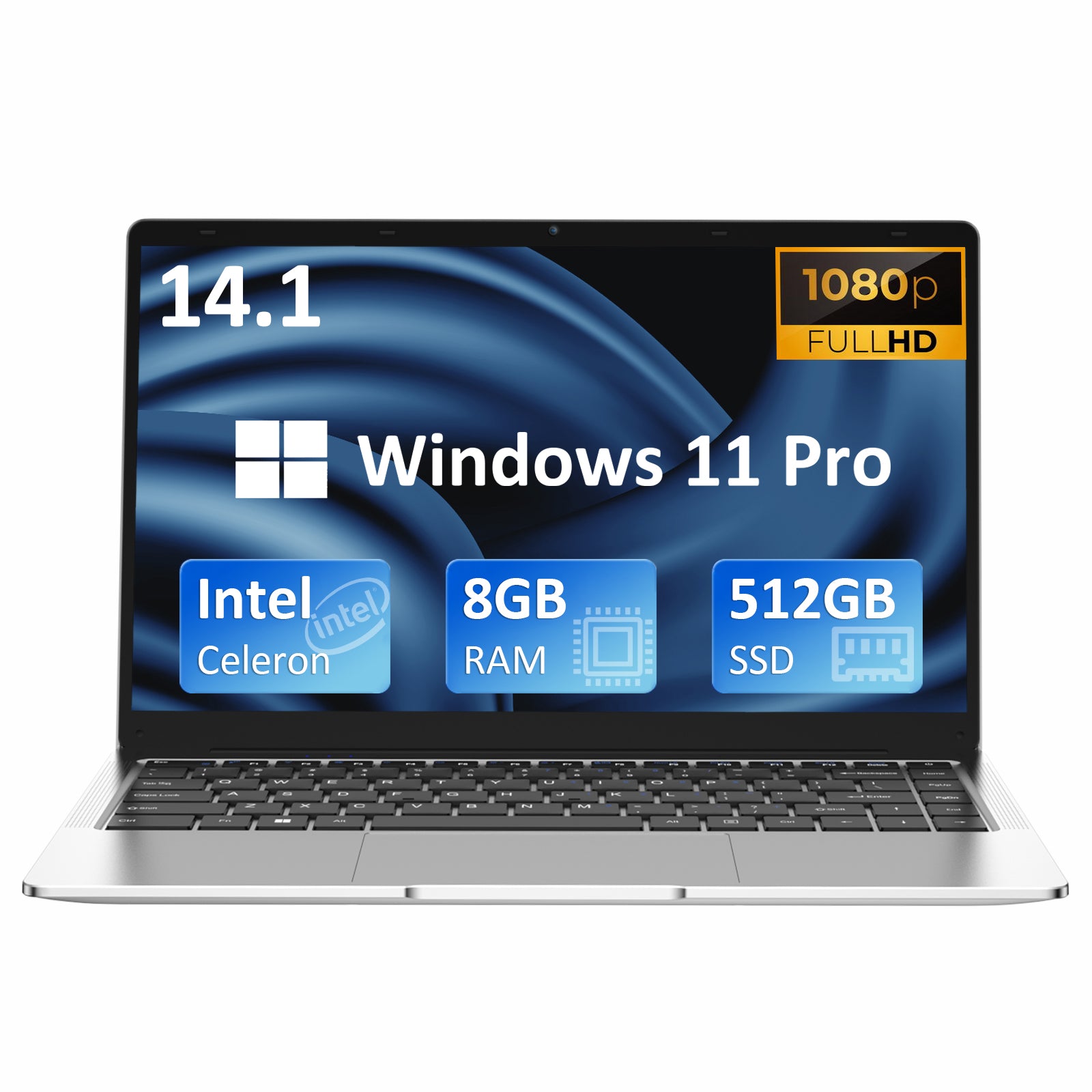 Auusda A146G 14.1" Laptop: Intel Celeron J4105, 8GB DDR4, 512GB SSD, Windows 11 Pro Home Laptop, Wifi+Bluetooth - Silver