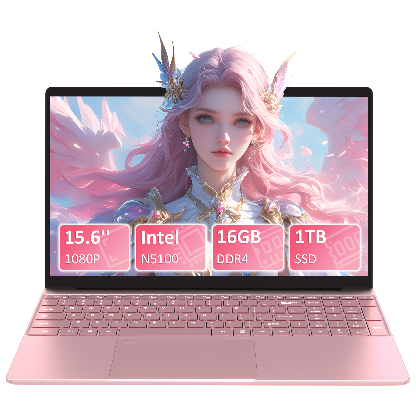 auusda 15.6" Laptop Computer, 16GB RAM 1TB SSD, Intel N5100, Windows 11 Pro Notebook, Backlit Keyboard, Fingerprint Unlock, Pink