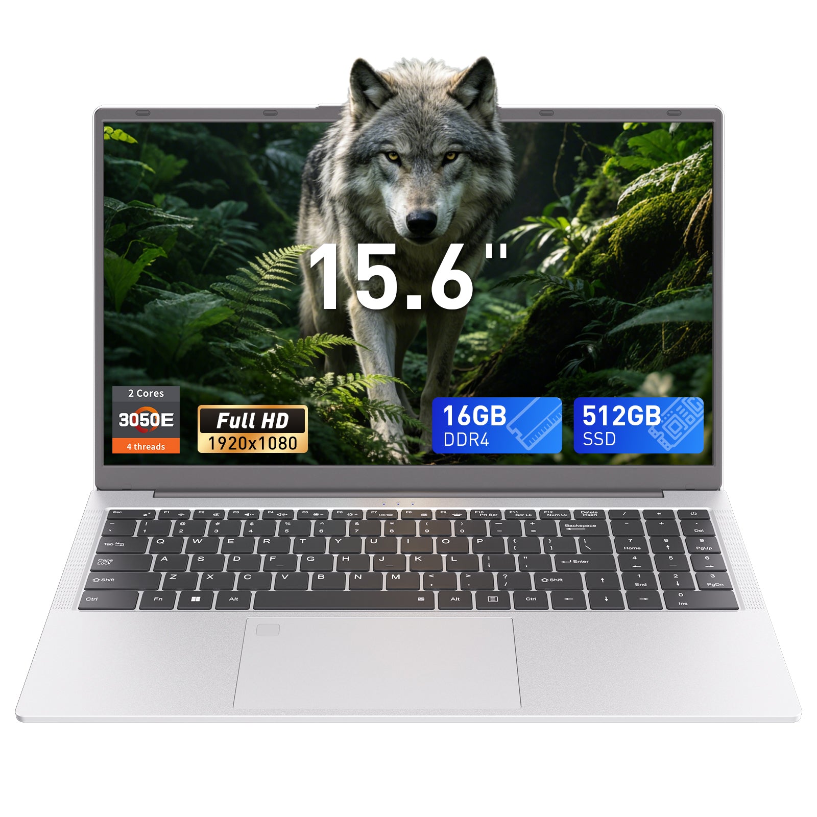 Auusda Laptop 15,6 Zoll Notebook, 16GB DDR4 RAM 512GB SSD, 3050E Prozessor, Fingerabdrucksensor, beleuchtete Tastatur, Ziffernblock, Privacy-Kameraabdeckung, leichtes Notebook für Schule & Büro