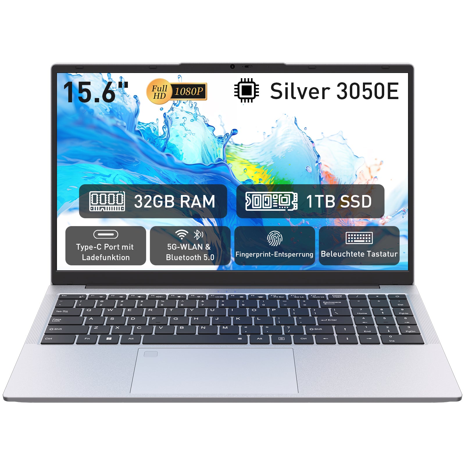 auusda Laptop 15.6 Zoll, 32GB DDR4 1TB SSD, Dual-Core 3050E (bis zu 2.80 GHz), Notebook Mit Fingerabdrucksensor, Illuminated Keyboard, Doppellautsprecher, HDMI, Laptop für Schüler und Büro
