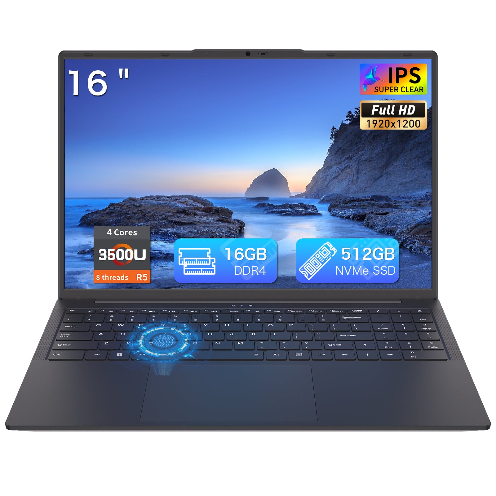 Auusda Laptop 16 Zoll Notebook, 16 GB RAM, 512 GB SSD, Prozessor R5 3500U(stärker als i5-13420H, bis zu 3.7GHz) FHD Display, Fingerabdrucksensor, BT5.3, Wifi6, Full-Function Type-C