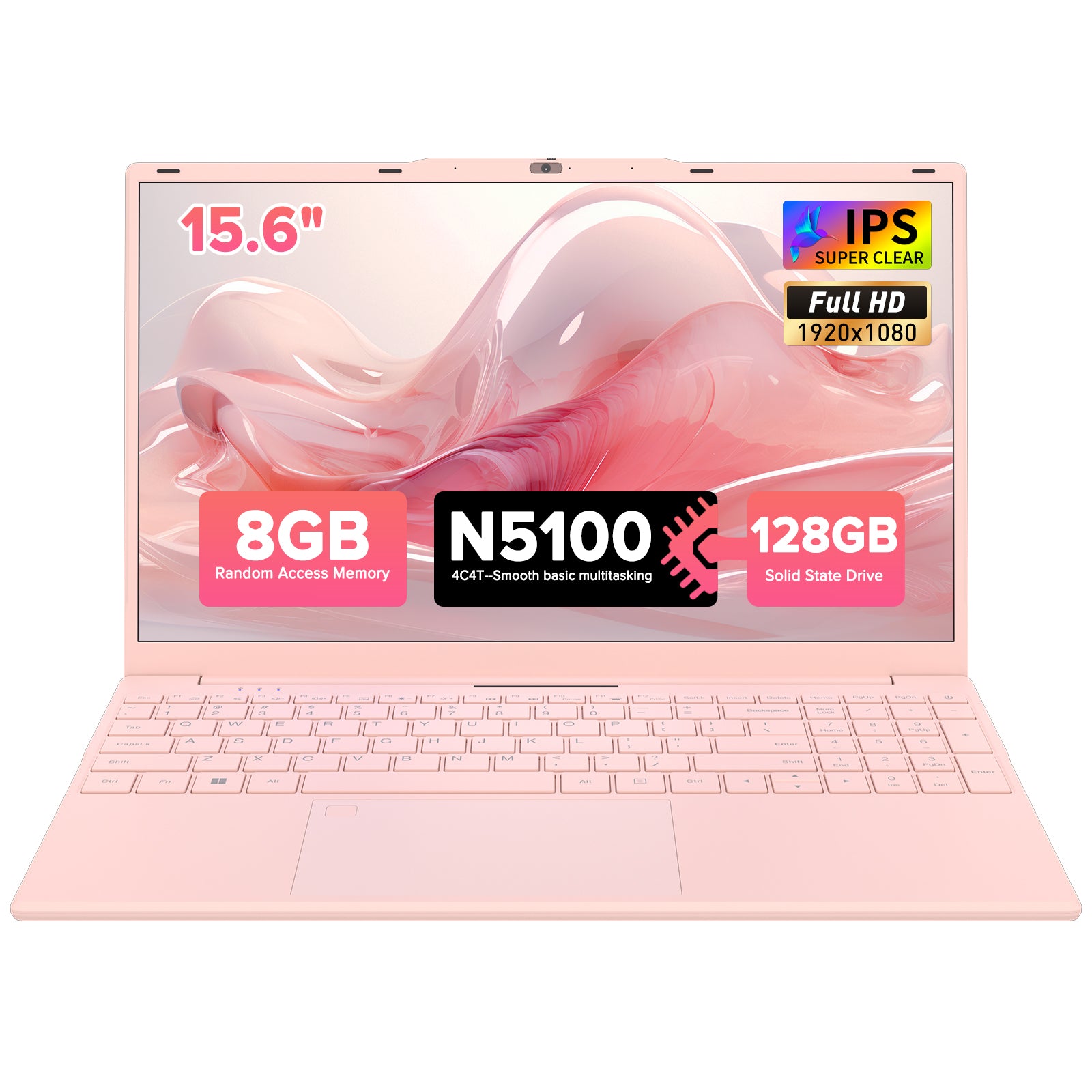 auusda Lightweight Portable Pink Laptop, Win 11 Pro, 4-Core Processor,15.6" FHD IPS, Backlit Keyboard, Privacy Camera, Fingerprint Reader, USB 3.0, HDMI, for Business Work Study, 8GB RAM 128GB SSD