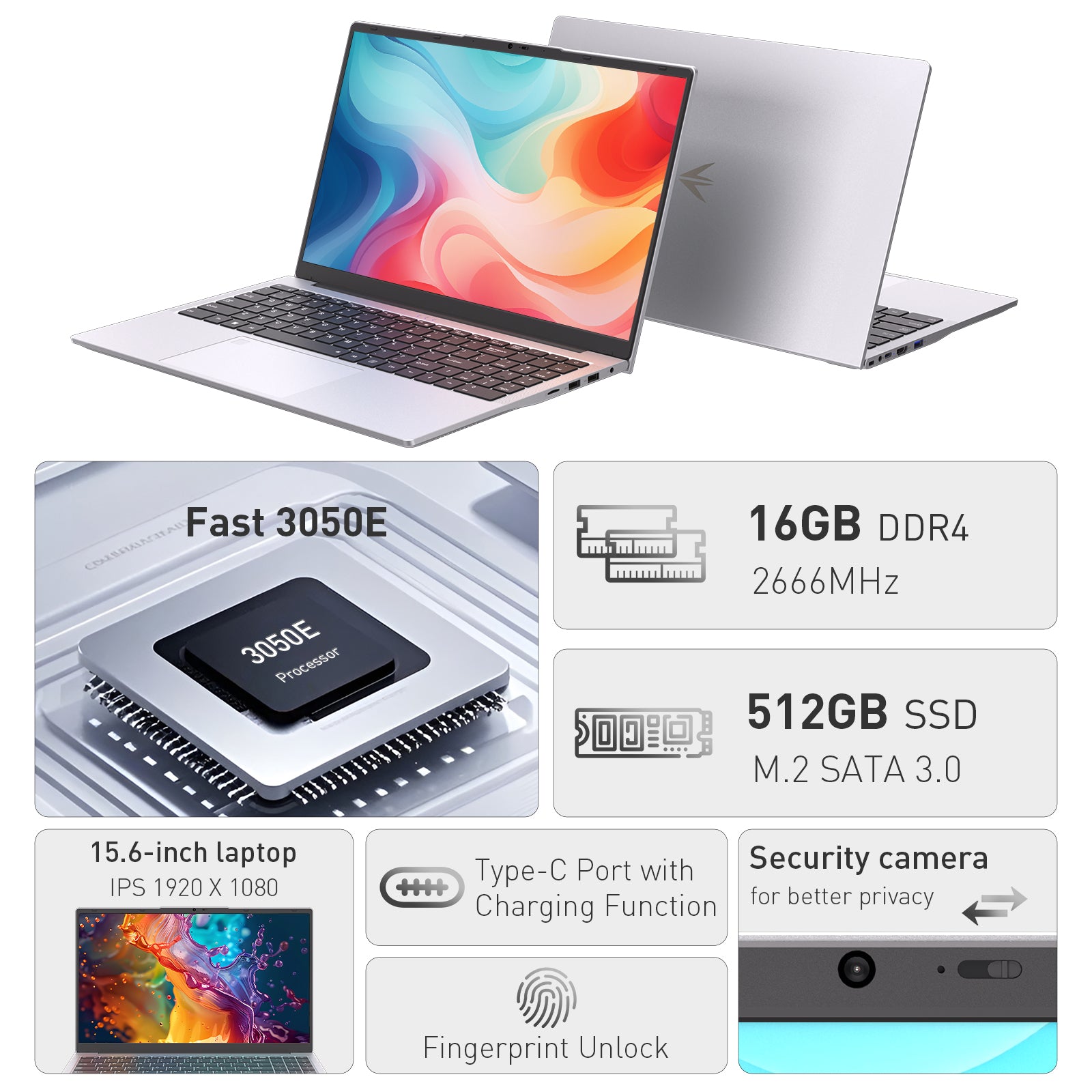 Laptop 15.6 Inch PC, 16GB Dual RAM 512GB SSD, Ordinateur Portable, Type-C Full Function, Dual-Core Processor Up to 2.8GHz, Backlit Fingerprint Unlock, 1920x1080P FHD WiFi 5 USB 3.0&2.0 6000mAh, Silver