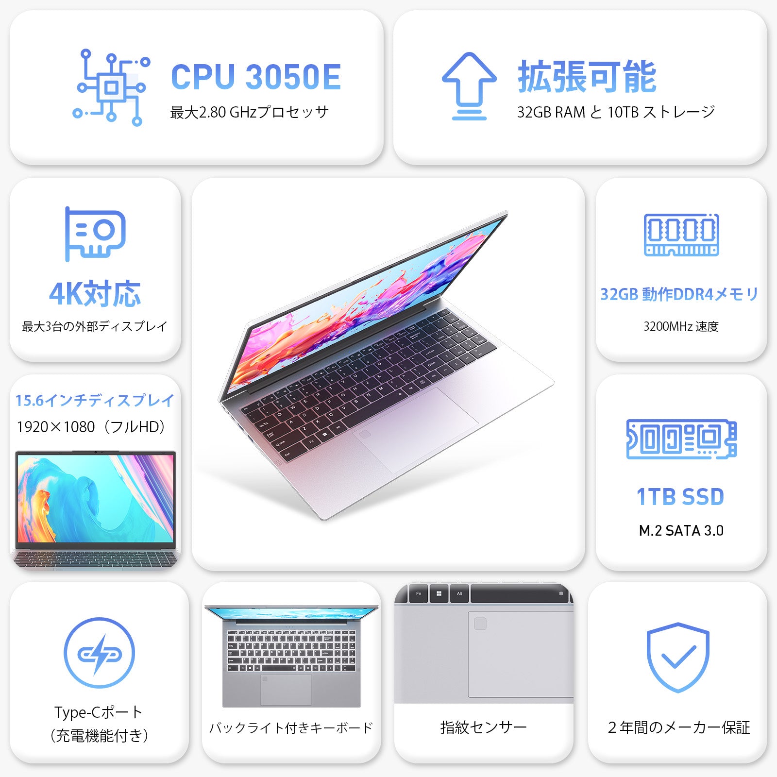 ノートパソコン MS Office 搭載「Athlon 3050E 最大2.8GHz 15.6インチ 6000mAh大容量バッテリー スロット*2 DDR4 32GB 1TB M.2 SSD ノートPC」Win 11 Pro/テンキー付き/WiFi 5/USB 3.0/Type-C（全機能対応）/HDMI/BT 4.2 日本語キーボードフィルム付き 在宅勤務 学生向けノートpc シルバー