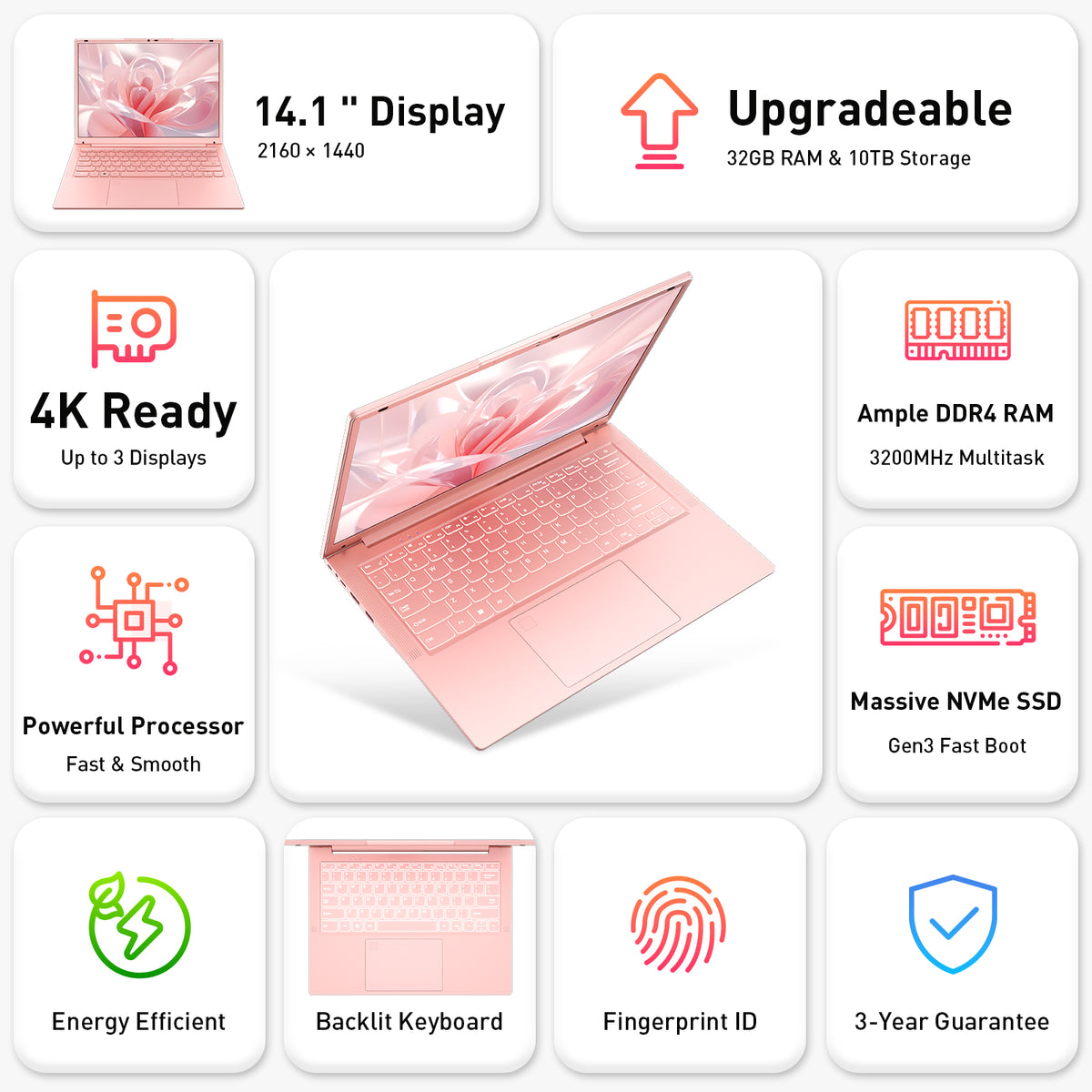 Auusda Laptop Computer, 14.1 Inch, 8GB RAM, 256GB SSD NVMe, Pink
