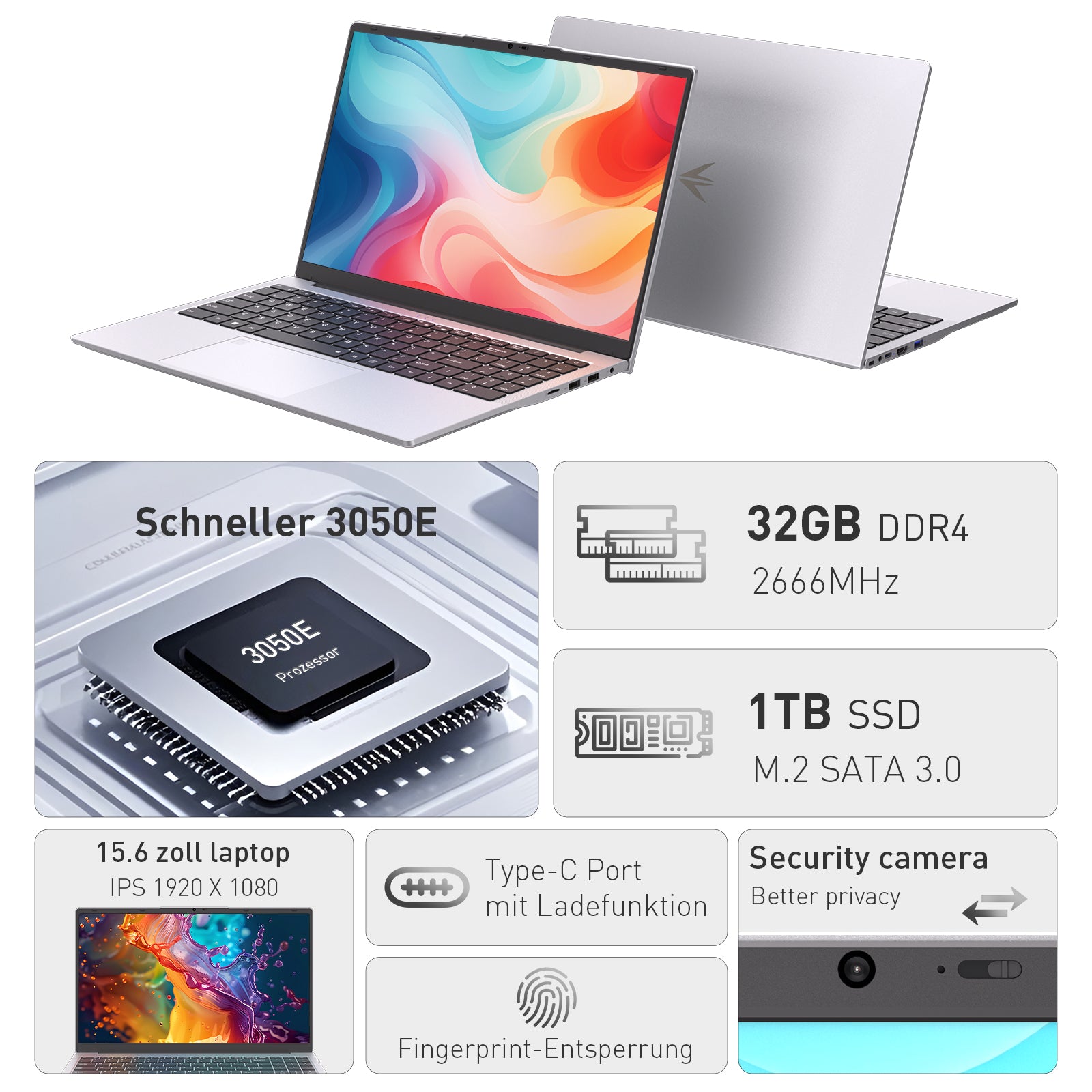 auusda Laptop 15.6 Zoll, 32GB DDR4 1TB SSD, Dual-Core 3050E (bis zu 2.80 GHz), Notebook Mit Fingerabdrucksensor, Illuminated Keyboard, Doppellautsprecher, HDMI, Laptop für Schüler und Büro