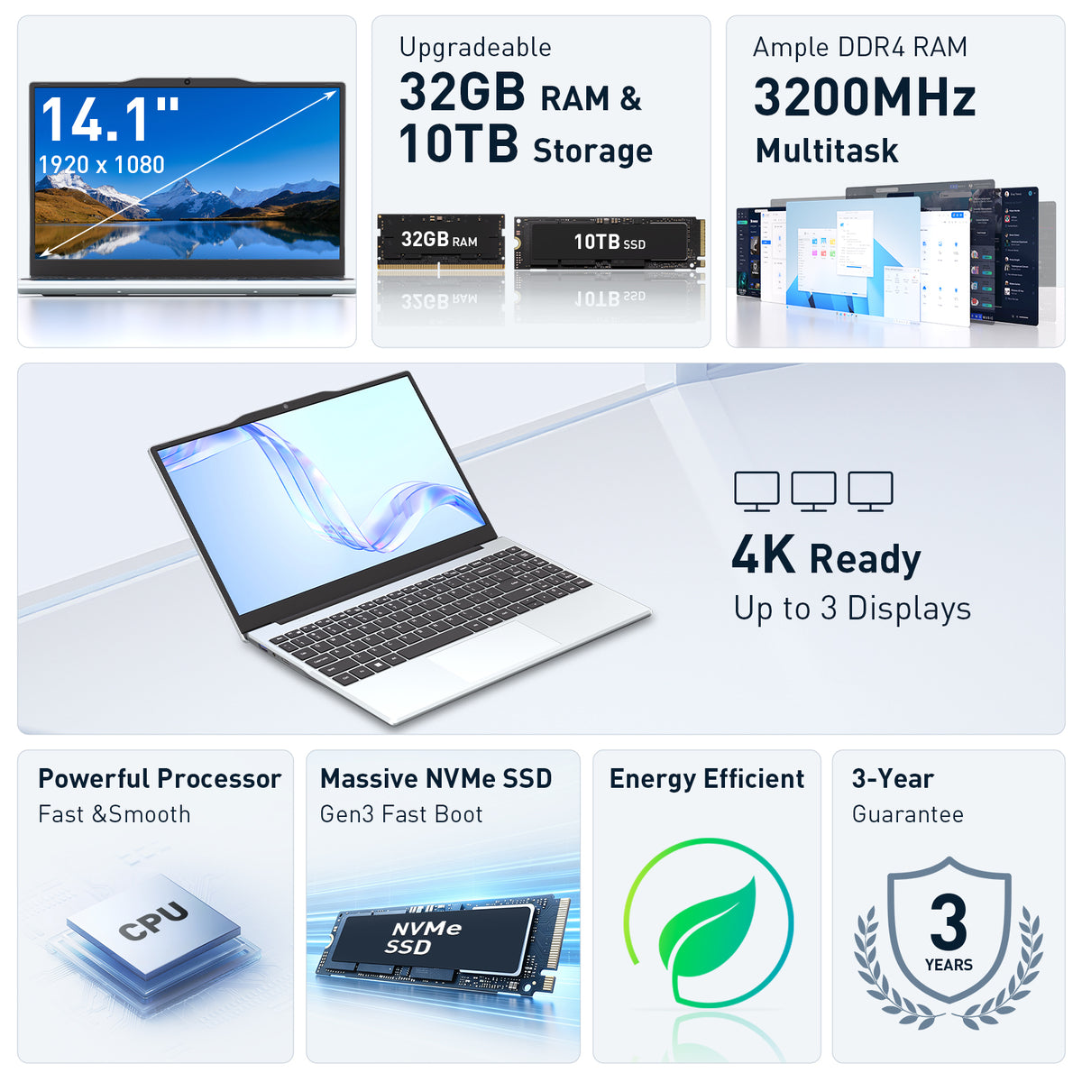 Auusda Laptop Computer, 14.1 Inch, 8GB RAM, 256GB SSD NVMe, Argent