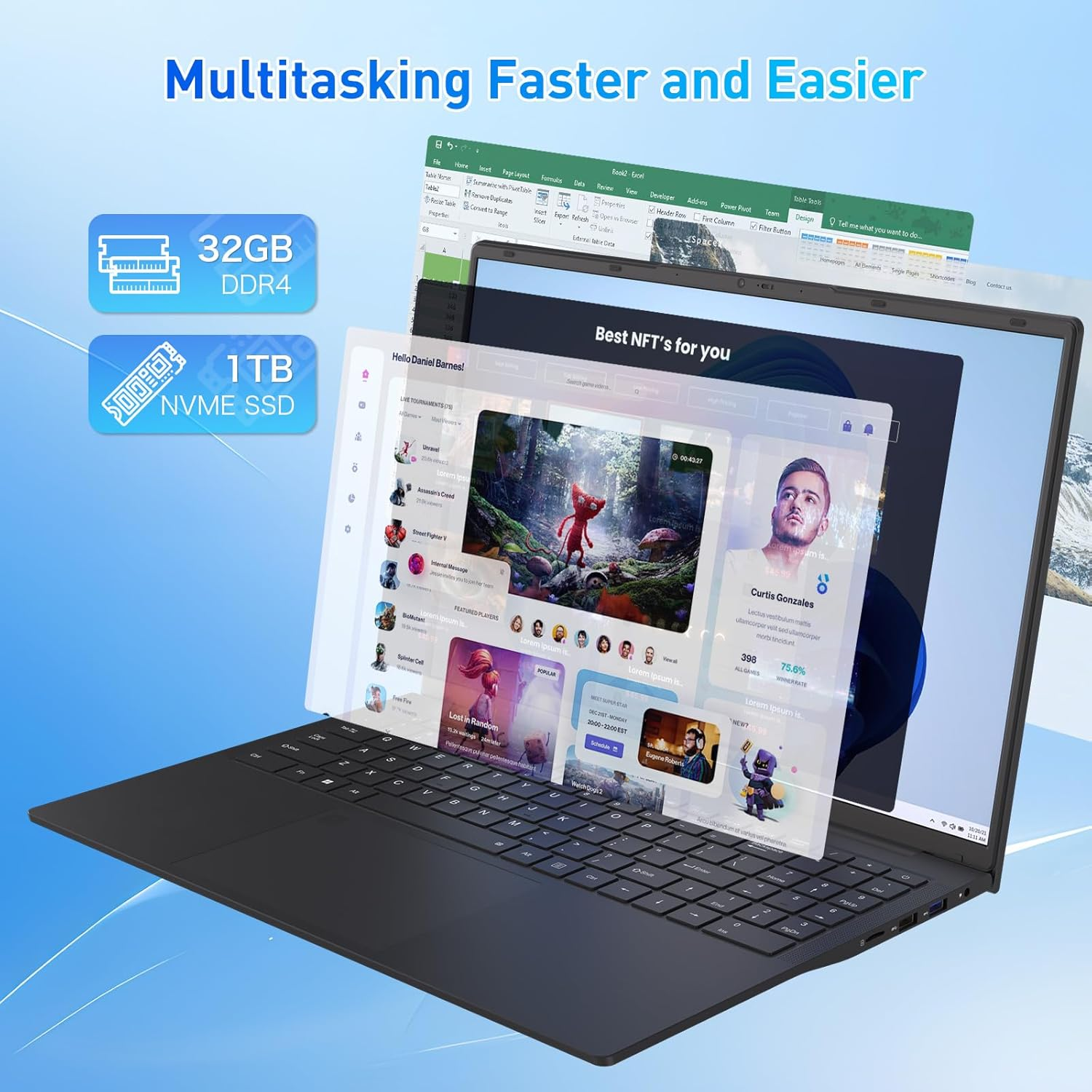 auusda Laptop Computer, 32GB RAM, 1TB PCIe SSD, Ryzen 5 3500U 4C8T 2.1-3.7GHz, 16" FHD+, HD Webcam, Privacy Shutter, BacklitKB, Fingerprint, USB-C 65W Charging, 3 USBA, Win11Pro, WiFi 6, T160R, Black