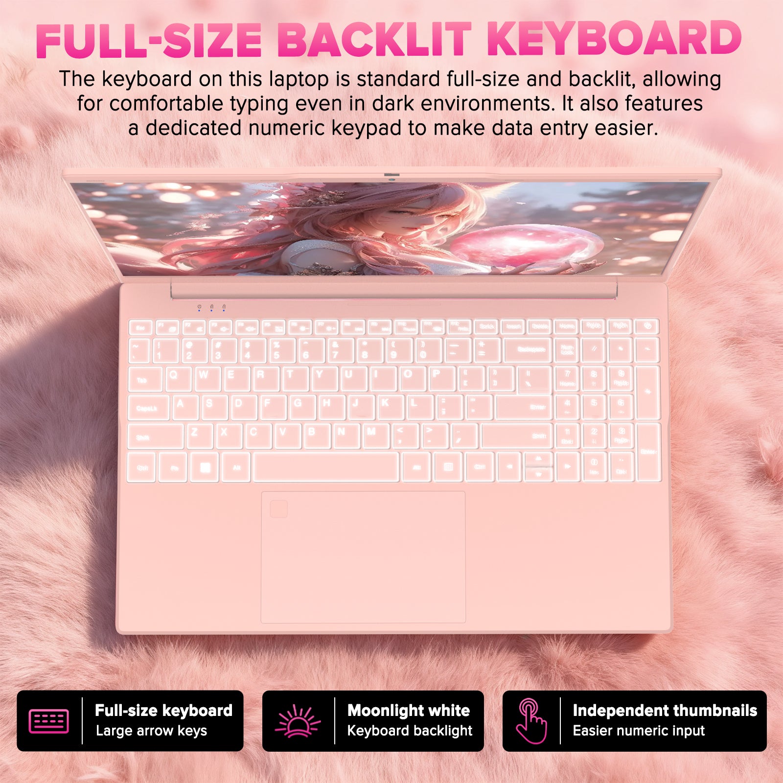 auusda 15.6" FHD IPS Pink Laptop, Quad Core N5100 High Speed CPU, 8GB Dual RAM 512GB SSD, 6000mAh, USB3.0, Fingerprint Unlock, Backlit Keyboard - Ideal for Students & Business, Girl's Laptop computer