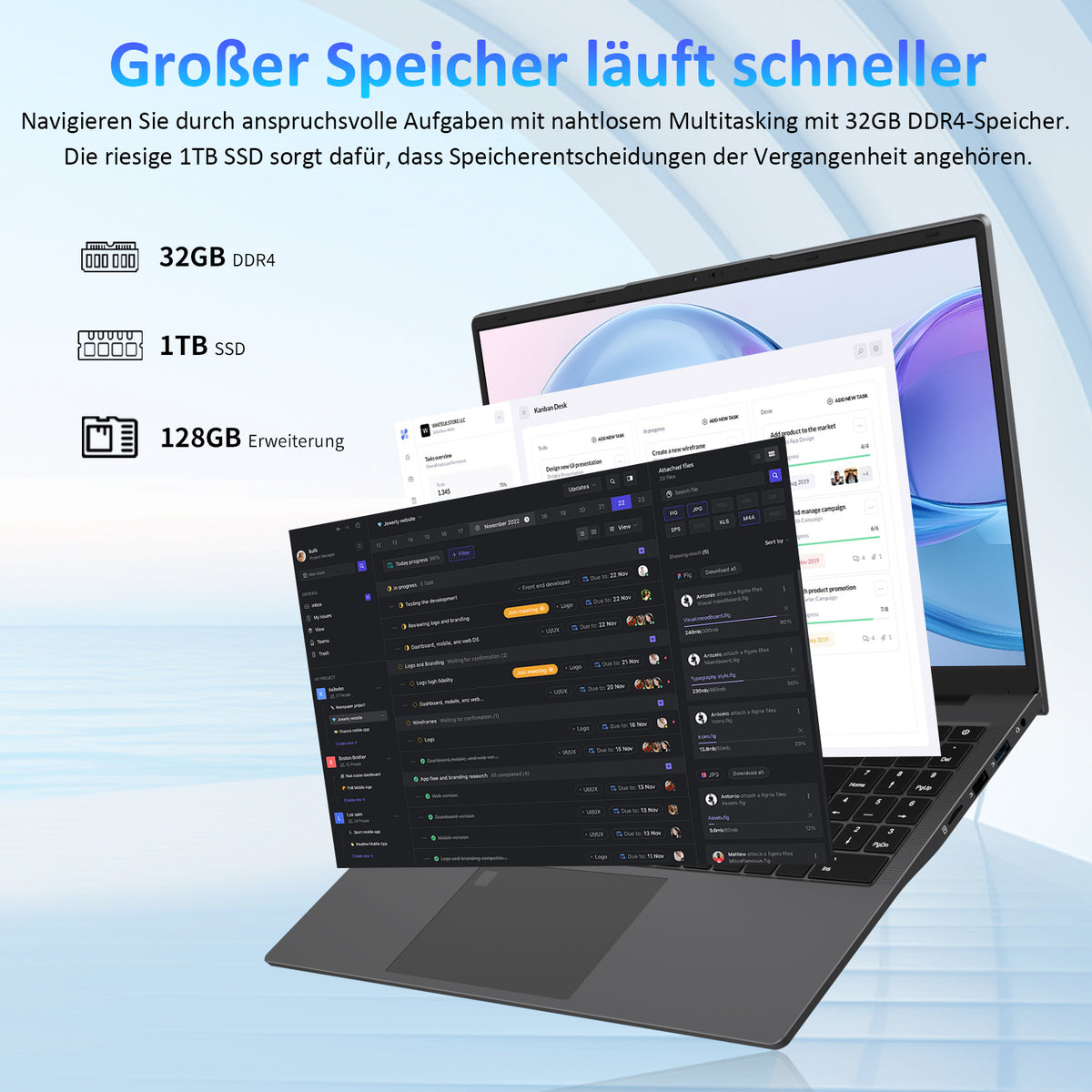 Laptop 15,6 Zoll Grau, N95 4-Kern-Prozessor, 32GB DDR4 RAM 1TB NVMe SSD, Notebook mit Full HD Display, Beleuchtete Tastatur, Fingerabdrucksensor, für Büro und Studium