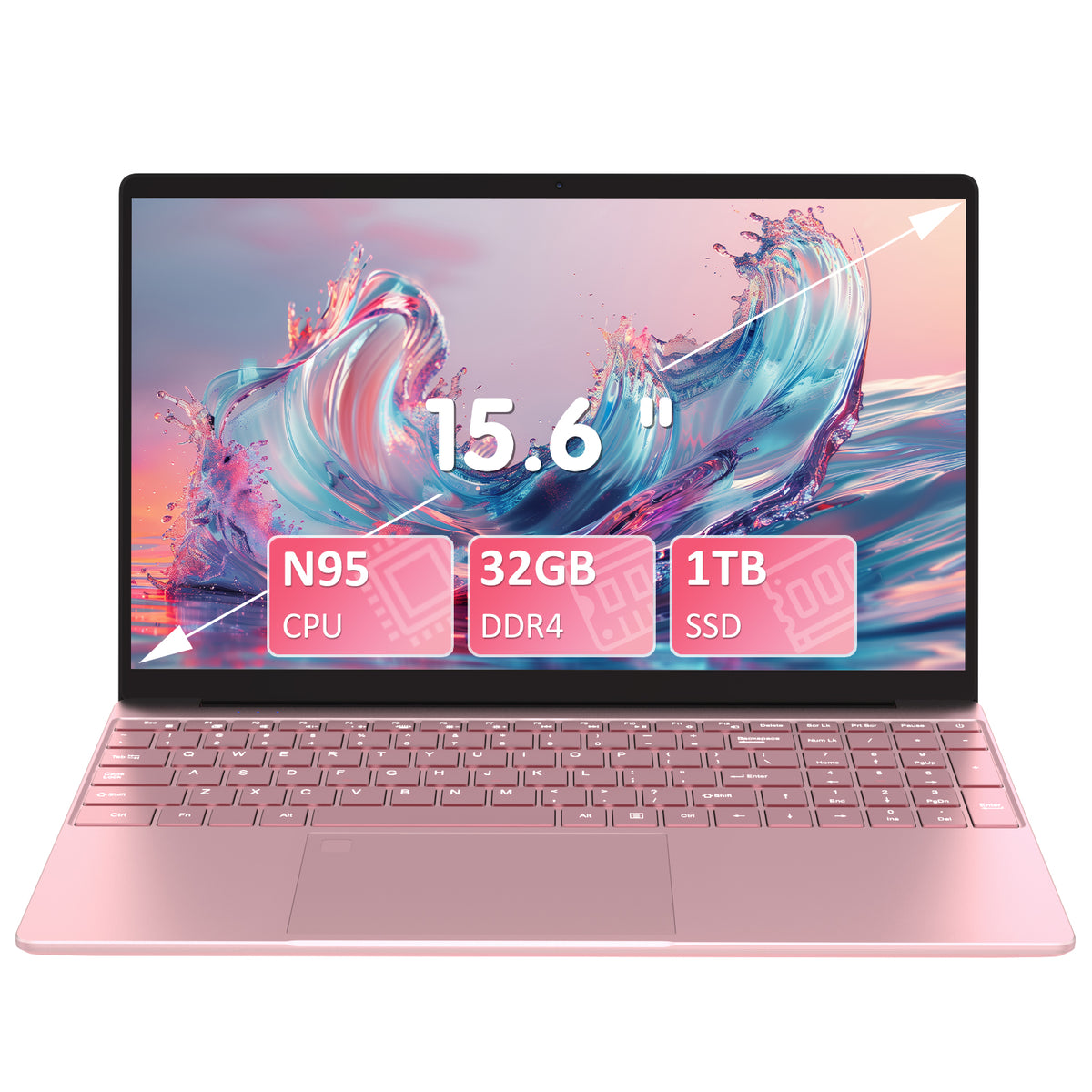 Auusda Laptop 15,6 Zoll Rosa, N95 4-Kern-Prozessor, 32GB DDR4 RAM 1TB NVMe SSD, Notebook mit Full HD Display, Beleuchtete Tastatur, Fingerabdrucksensor, für Büro und Studium