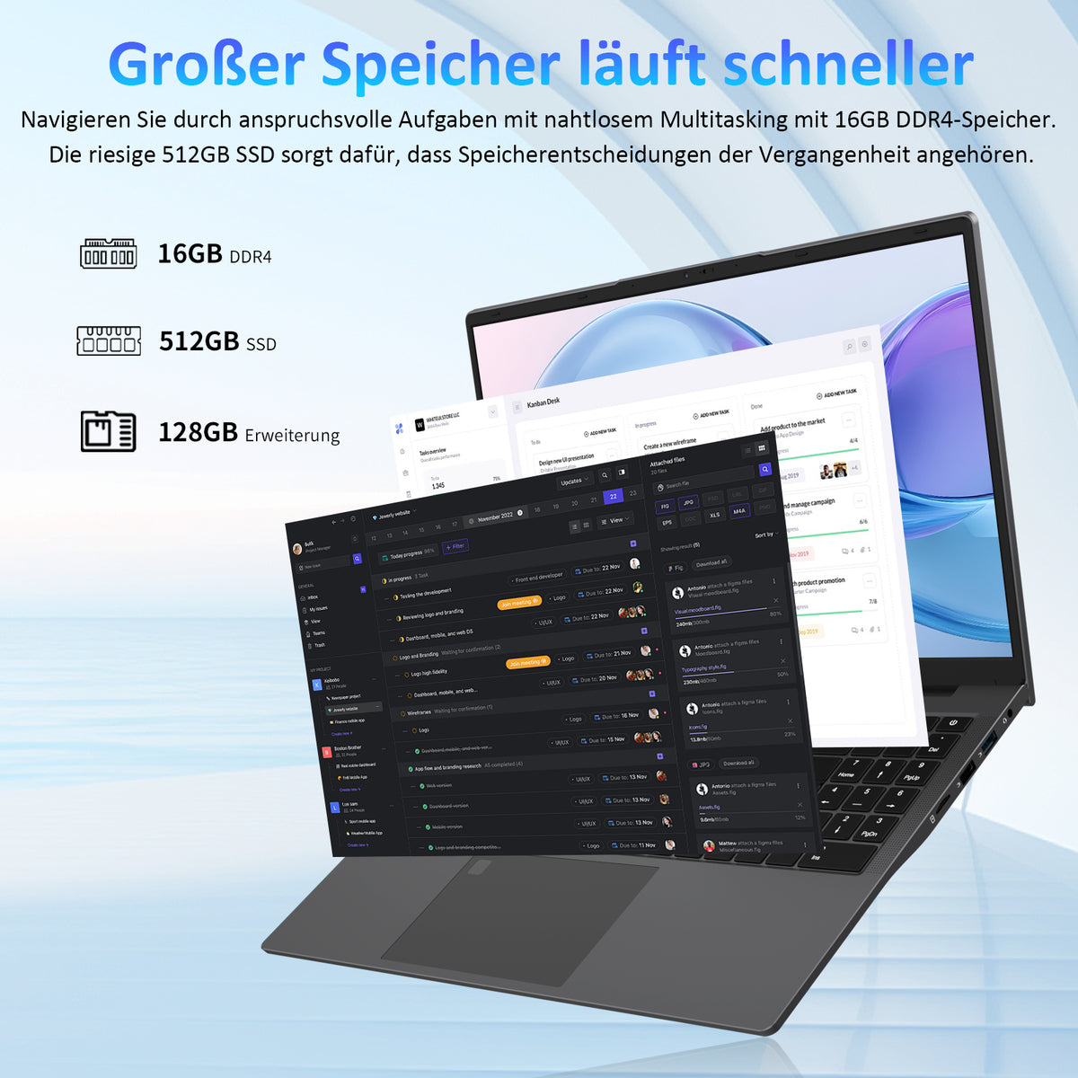 Auusda Laptop 15,6 Zoll Grau, N95 4-Kern-Prozessor, 16GB DDR4 RAM 512GB NVMe SSD, Notebook mit Full HD Display, Beleuchtete Tastatur, Fingerabdrucksensor, für Büro und Studium