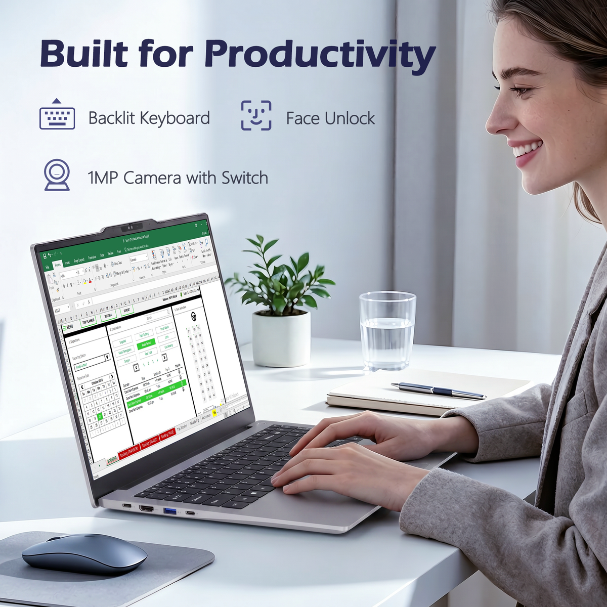 Auusda 15.6" Laptop Computer, AMD Ryzen 5 6600U, 12GB LPDDR5 RAM 1TB NVMe SSD, Windows 11 Pro Business Laptop, Backlight Keyboard, Face Unlock, Silver