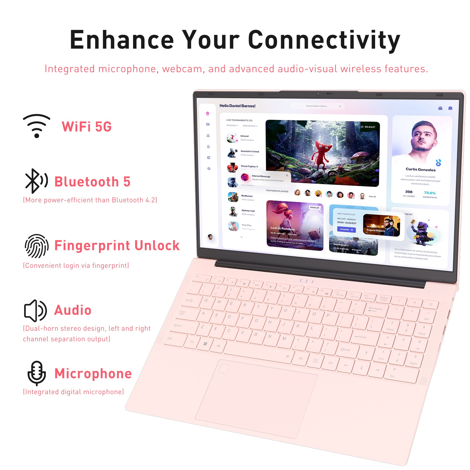 auusda 15.6" FHD IPS Laptop | 8GB RAM + 512GB SATA SSD | 6000mAh Battery | Fingerprint & Backlit Keyboard | USB 3.0/2.0, Full-Featured Type-C, HDMI, Pink Laptops Computer