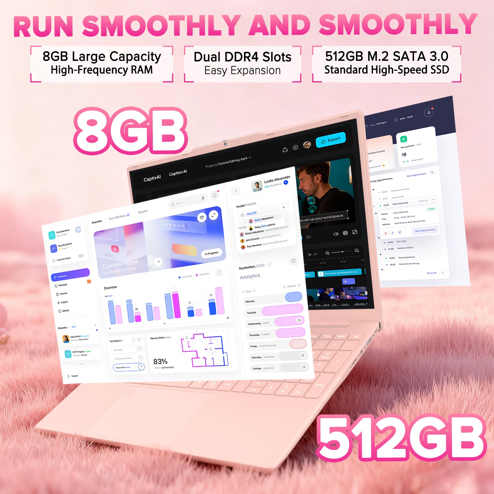 auusda 15.6" FHD IPS Pink Laptop, Quad Core N5100 High Speed CPU, 8GB Dual RAM 512GB SSD, 6000mAh, USB3.0, Fingerprint Unlock, Backlit Keyboard - Ideal for Students & Business, Girl's Laptop computer