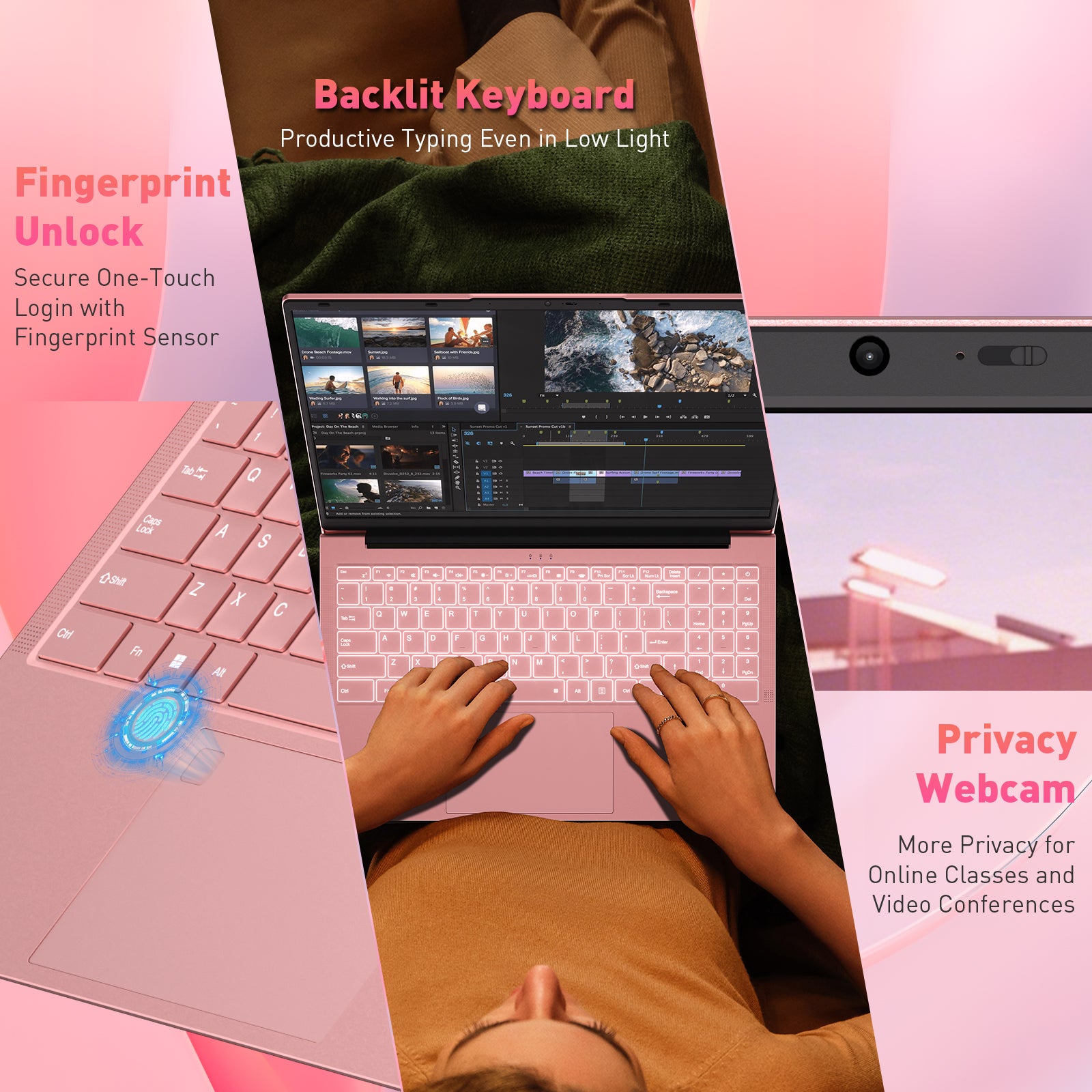 Auusda 2026 15.6" Pink Laptop, R3 3250C up to 3.5GHz, Win11 Compatible WiFi 6, Backlit Keyboard + Fingerprint, Dual Full-Featured Type-C, 6000mAh, Portable Laptop for Work, 16GB RAM 512GB SSD