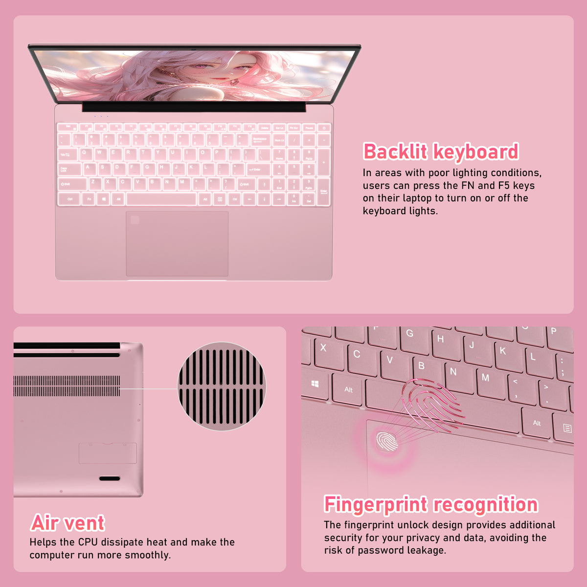 Auusda Laptop 15,6 Zoll Rosa, N95 4-Kern-Prozessor, 16GB DDR4 RAM 1TB NVMe SSD, Notebook mit Full HD Display, Beleuchtete Tastatur, Fingerabdrucksensor, für Büro und Studium
