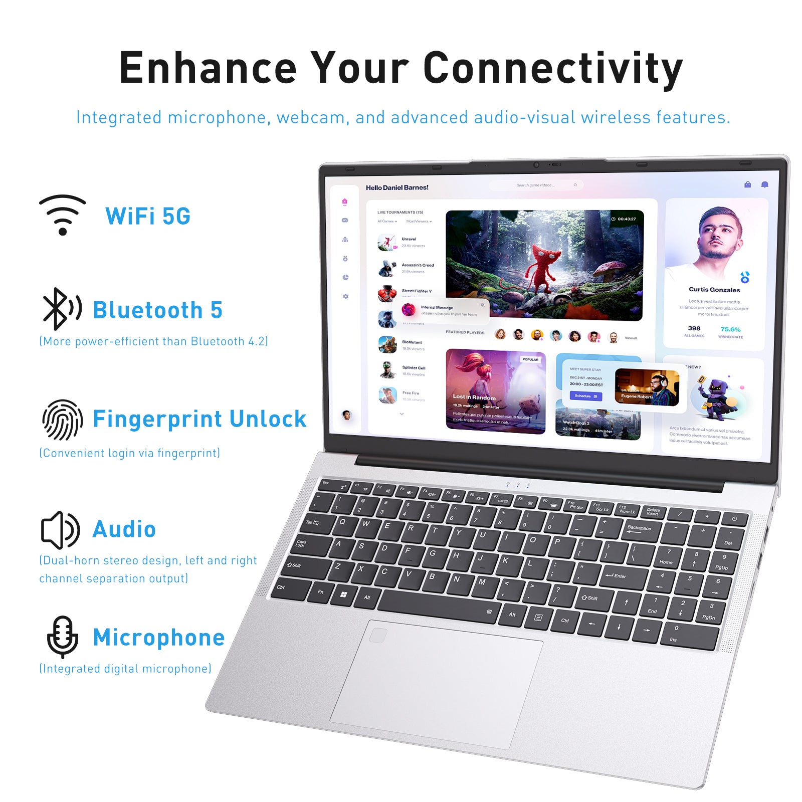 Laptop 15.6 Inch PC, 16GB Dual RAM 512GB SSD, Ordinateur Portable, Type-C Full Function, Dual-Core Processor Up to 2.8GHz, Backlit Fingerprint Unlock, 1920x1080P FHD WiFi 5 USB 3.0&2.0 6000mAh, Silver