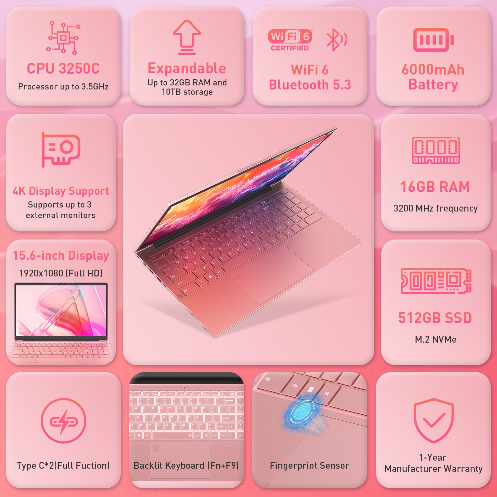 Auusda 2026 15.6" Pink Laptop, R3 3250C up to 3.5GHz, Win11 Compatible WiFi 6, Backlit Keyboard + Fingerprint, Dual Full-Featured Type-C, 6000mAh, Portable Laptop for Work, 16GB RAM 512GB SSD