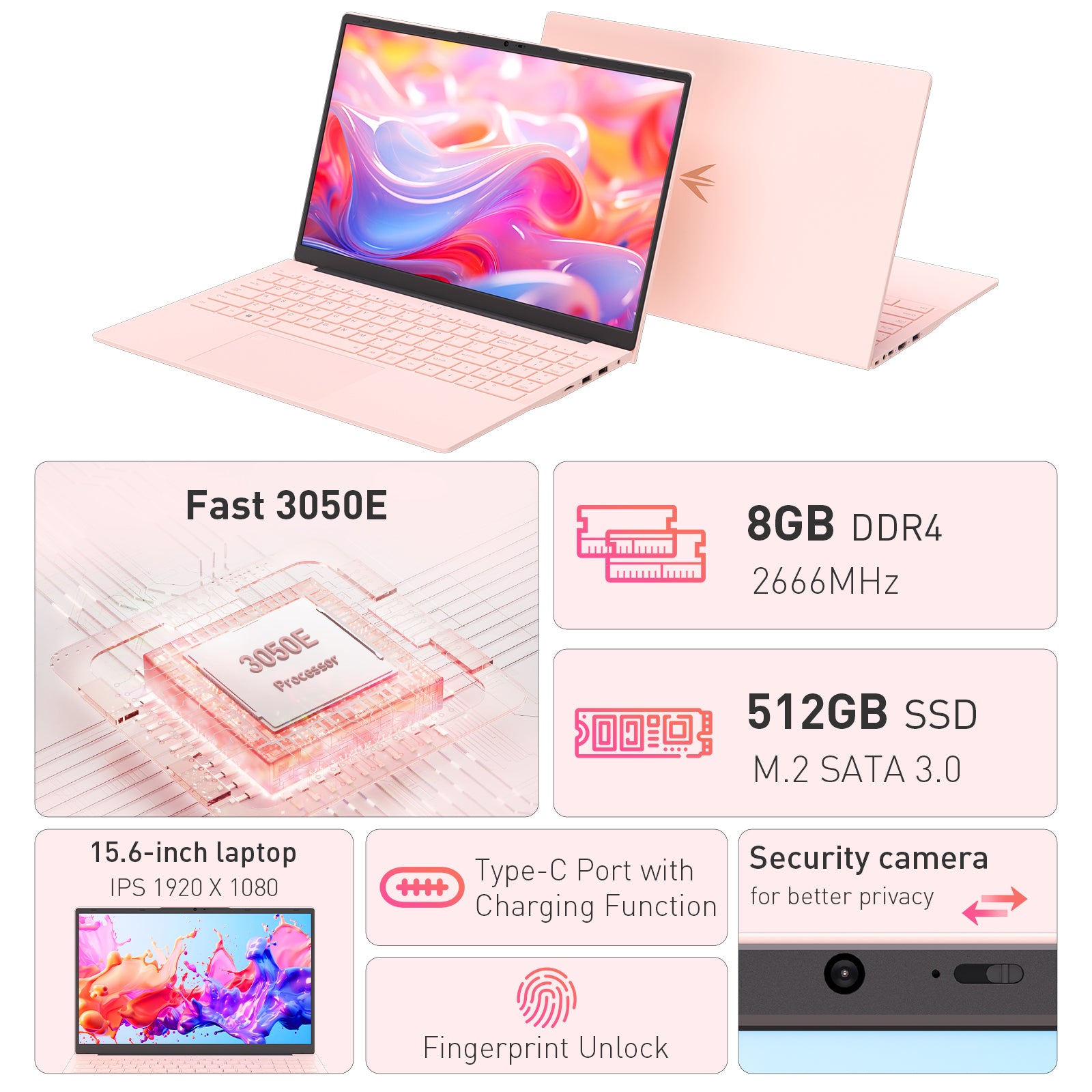 auusda 15.6" FHD IPS Laptop | 8GB RAM + 512GB SATA SSD | 6000mAh Battery | Fingerprint & Backlit Keyboard | USB 3.0/2.0, Full-Featured Type-C, HDMI, Pink Laptops Computer