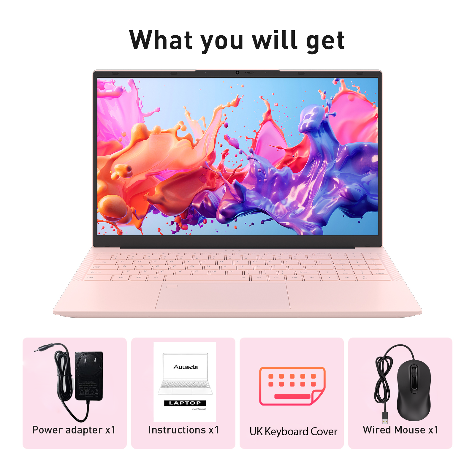 auusda 15.6" FHD IPS Laptop, 16GB RAM + 512GB SATA SSD, Fingerprint & Backlit Keyboard | USB 3.0/2.0, Full-Featured Type-C, HDMI, 6000mAh Battery, Pink Laptops Computer