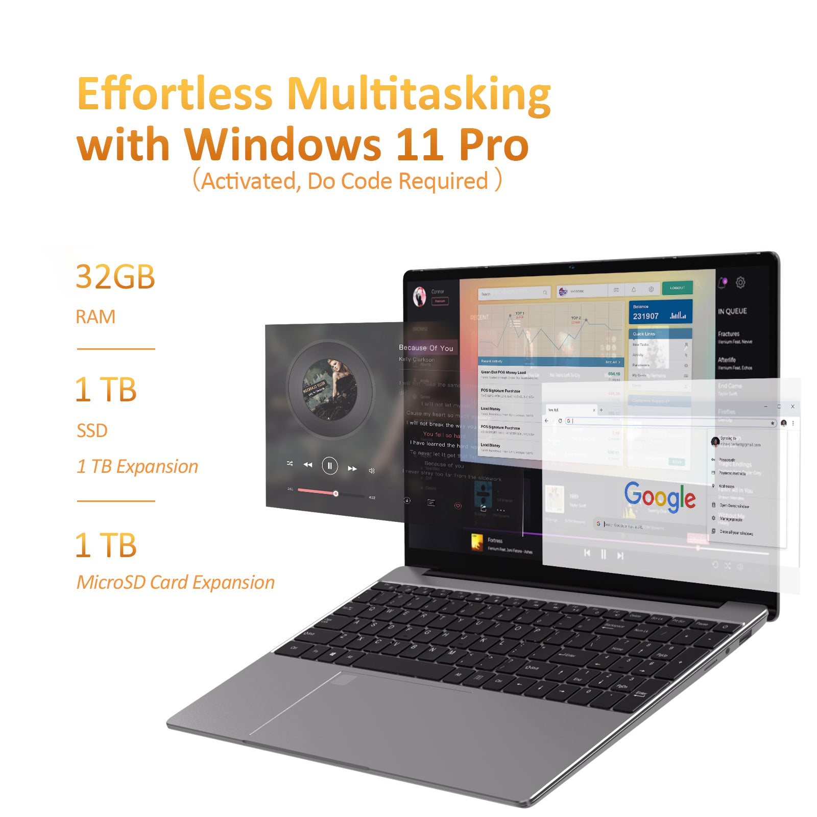 Auusda T152A 15.6 Gaming Laptop，32GB DDR4 RAM 1TB NVMe SSD, Windows 11 Pro Laptop Computer