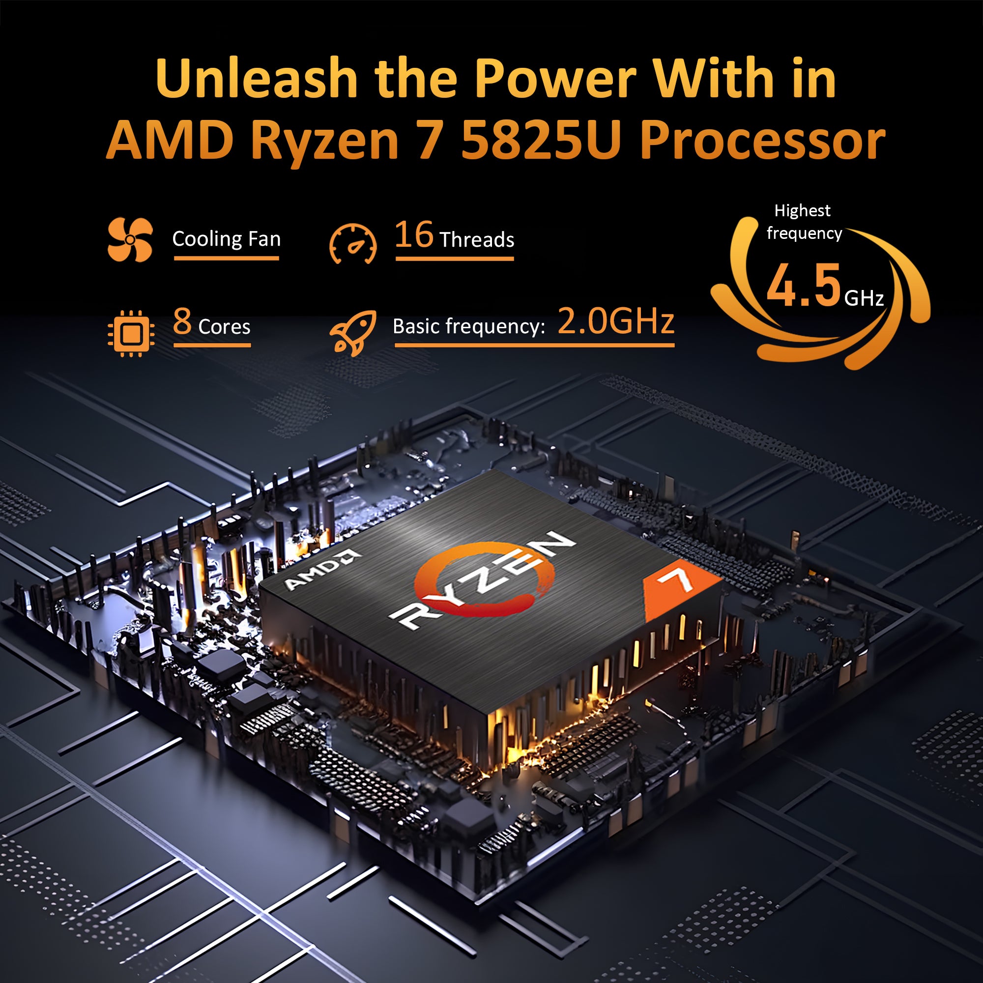 AMD Ryzen™ 7 5825U processor with 8 cores, 16 threads, cooling fan, and a base frequency of 2.0GHz, highest frequency 4.5GHz for high performance.