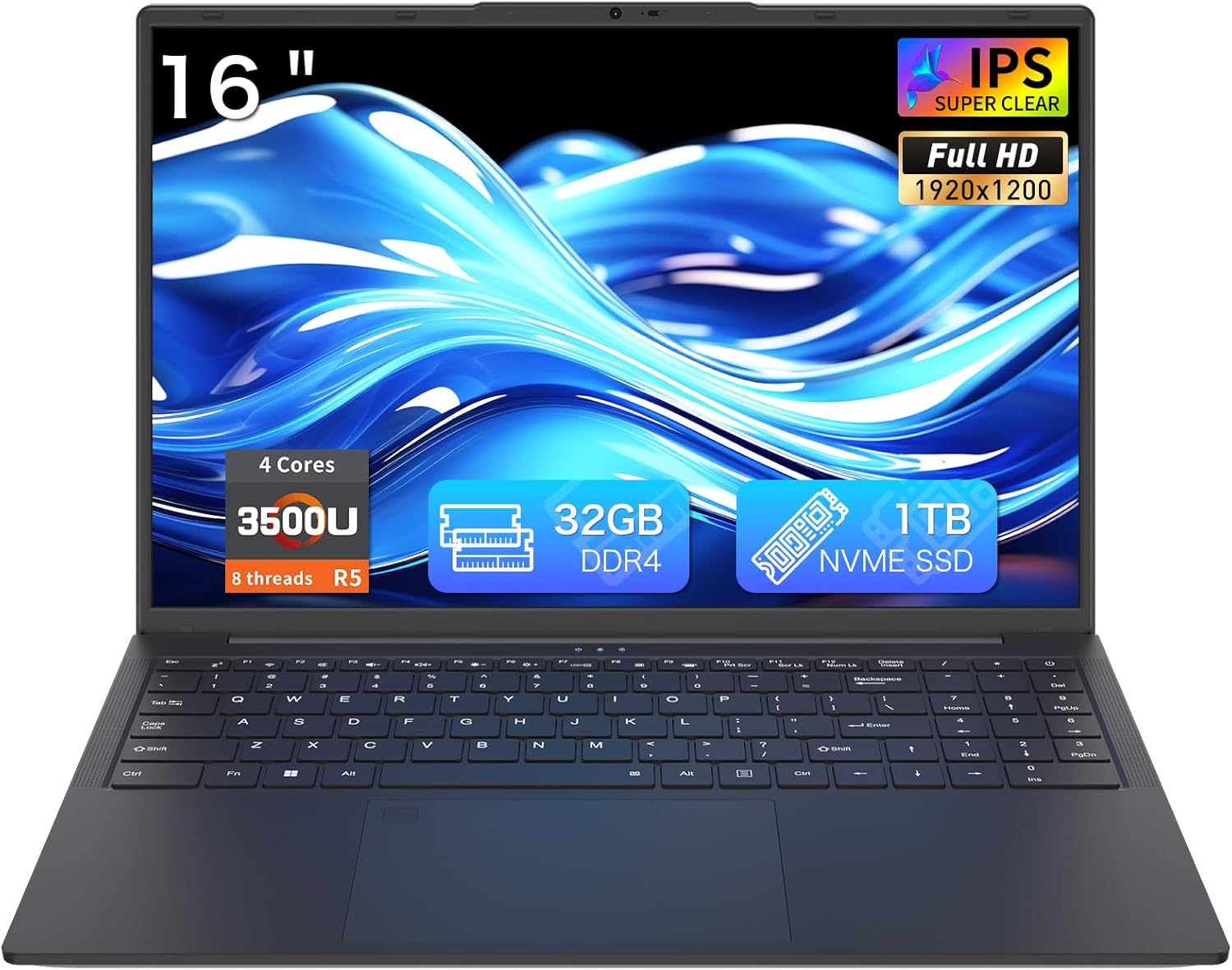 auusda Laptop Computer, 32GB RAM, 1TB PCIe SSD, Ryzen 5 3500U 4C8T 2.1-3.7GHz, 16" FHD+, HD Webcam, Privacy Shutter, BacklitKB, Fingerprint, USB-C 65W Charging, 3 USBA, Win11Pro, WiFi 6, T160R, Black