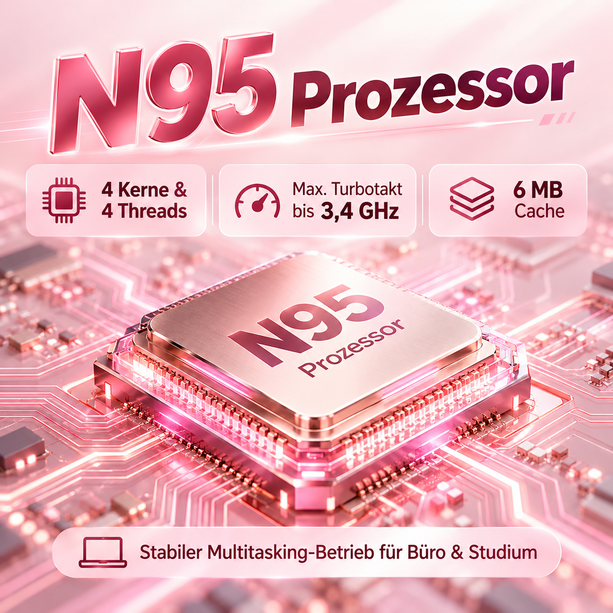 Auusda Laptop 15,6 Zoll Rosa, N95 4-Kern-Prozessor, 32GB DDR4 RAM 1TB NVMe SSD, Notebook mit Full HD Display, Beleuchtete Tastatur, Fingerabdrucksensor, für Büro und Studium