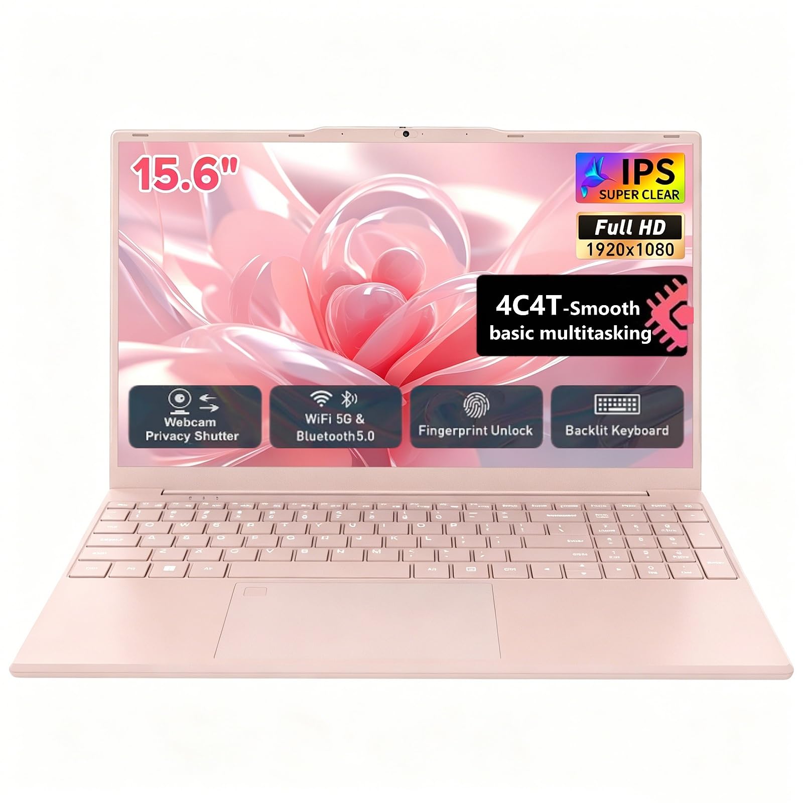 Auusda 2026 Lightweight Portable Pink Laptop, 4C4T-Processor, 15.6" FHD IPS丨Backlit Keyboard, Privacy Camera, Fingerprint Reader, Win 11 Pro, HDMI, for Business Work Study, 8GB RAM 128GB NVMe SSD