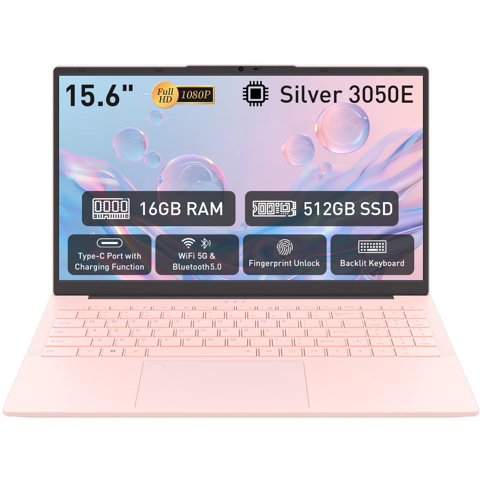 auusda 15.6" FHD Laptop, Athlon Silver 3050E Processor, 16GB DDR4 RAM, 512GB SSD, WiFi 5/ USB 3.0/ Type-C/HDMI, Win 11 Pro, IPS Thin and Light Computer Notebook for Work, Study and Entertainment, Pink