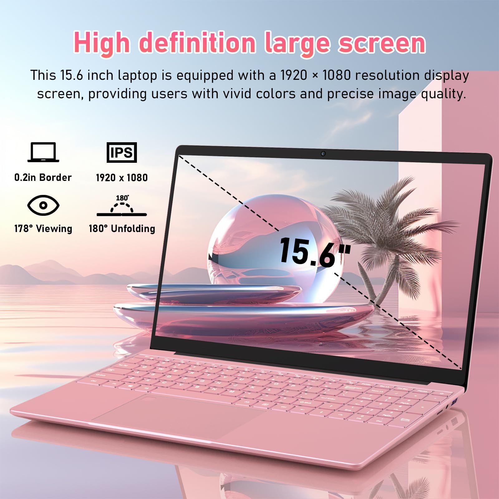 T152A 15.6" IPS Laptop, Intel N95 Processor, 8GB DDR4 RAM, 512GB NVMe SSD, UHD Graphics, 1920×1080 Full HD, 2.4G/5G WiFi, BT 5.0, Mini HDMI, Windows 11 Pro, 8000mAh Battery,Pink