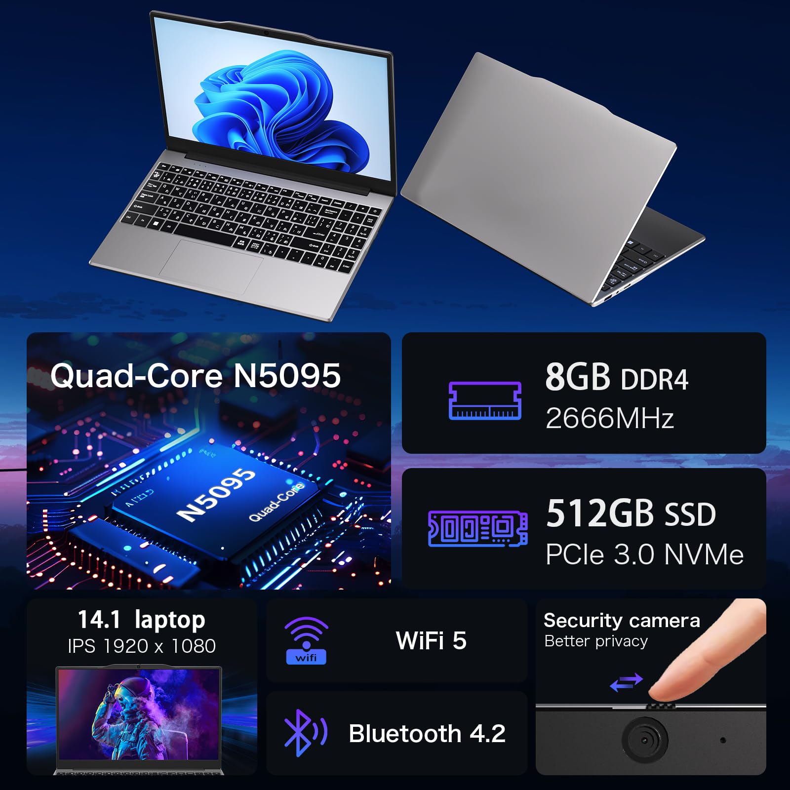 Auusda 2026 Traditional Laptop 14.1" for Students & Work, 4-Core N5095