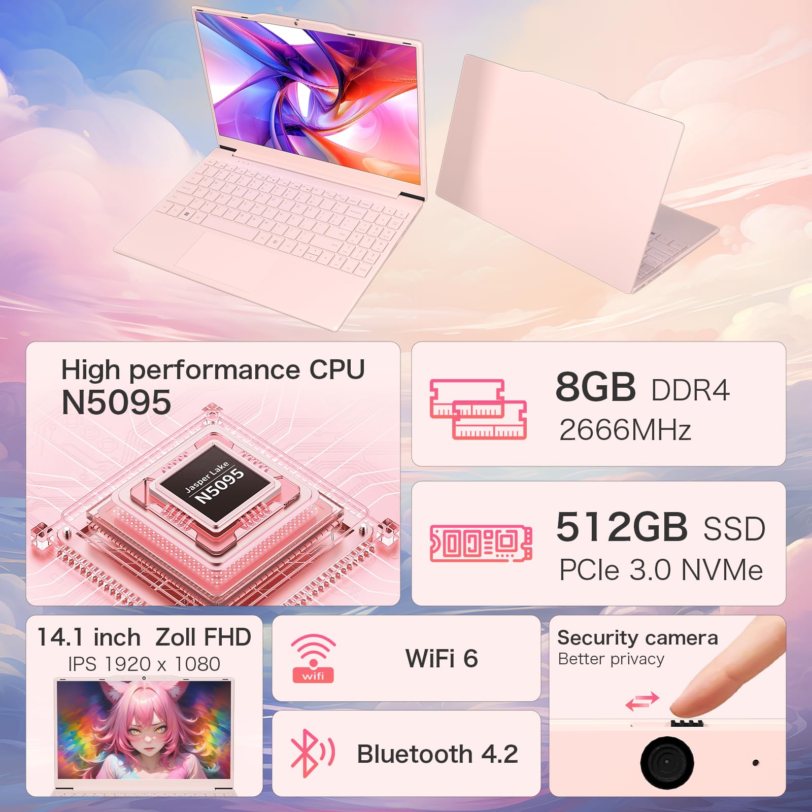 Auusda Student Laptop,14.1" FHD Laptop for Business and Study, 4-Core N5095丨Numeric Keypad, Backlit Keyboard, Privacy Camera, USB 3.0, HDMI, Lightweight & Portable, 8GB RAM, 512GB SSD, Pink