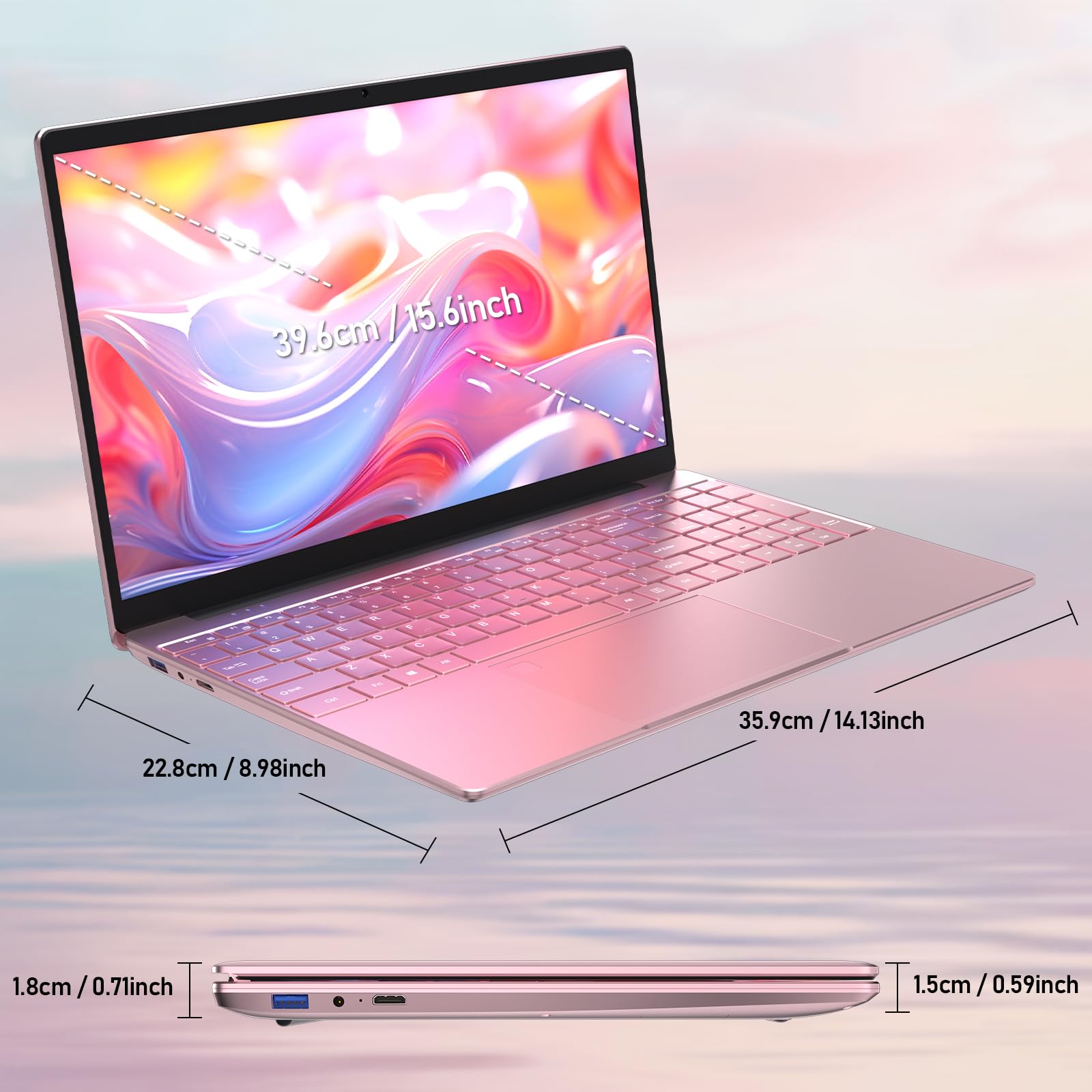 auusda T152A 15.6" IPS Laptop, Intel N95 Processor, 16GB DDR4 RAM, 1TB NVMe SSD, UHD Graphics, 1920×1080 Full HD, 2.4G/5G WiFi, BT 5.0, Mini HDMI, Windows 11 Pro, 8000mAh Battery,Pink