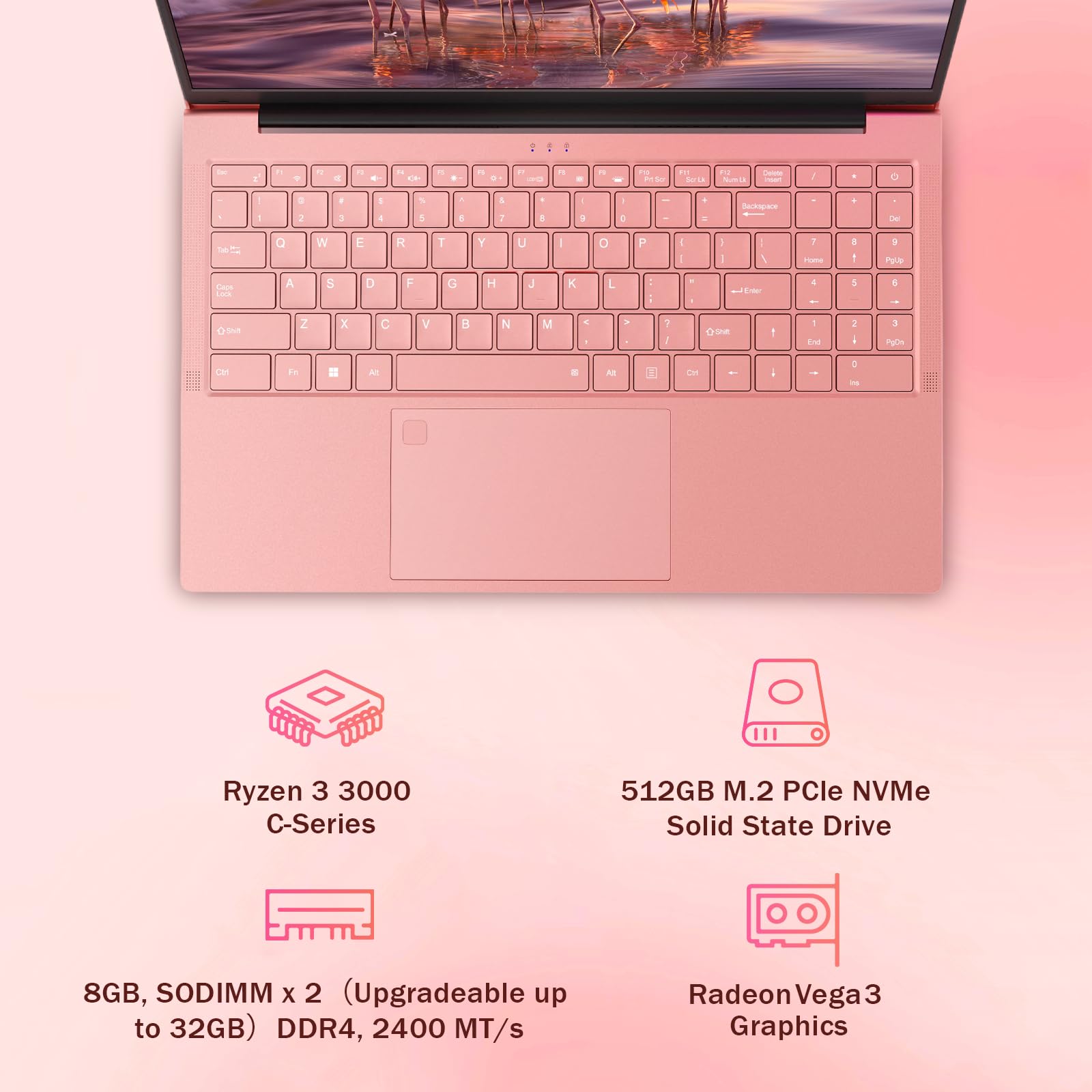 auusda 15.6" Traditional Laptop Computer for Students & Work, Ryzen 3 Processor, Backlit Keyboard, Fingerprint, WiFi 6, BT 5.3, Dual USB Type-C, Win11 Pro, 8GB RAM (Up to 32GB), 512GB NVMe SSD, Pink
