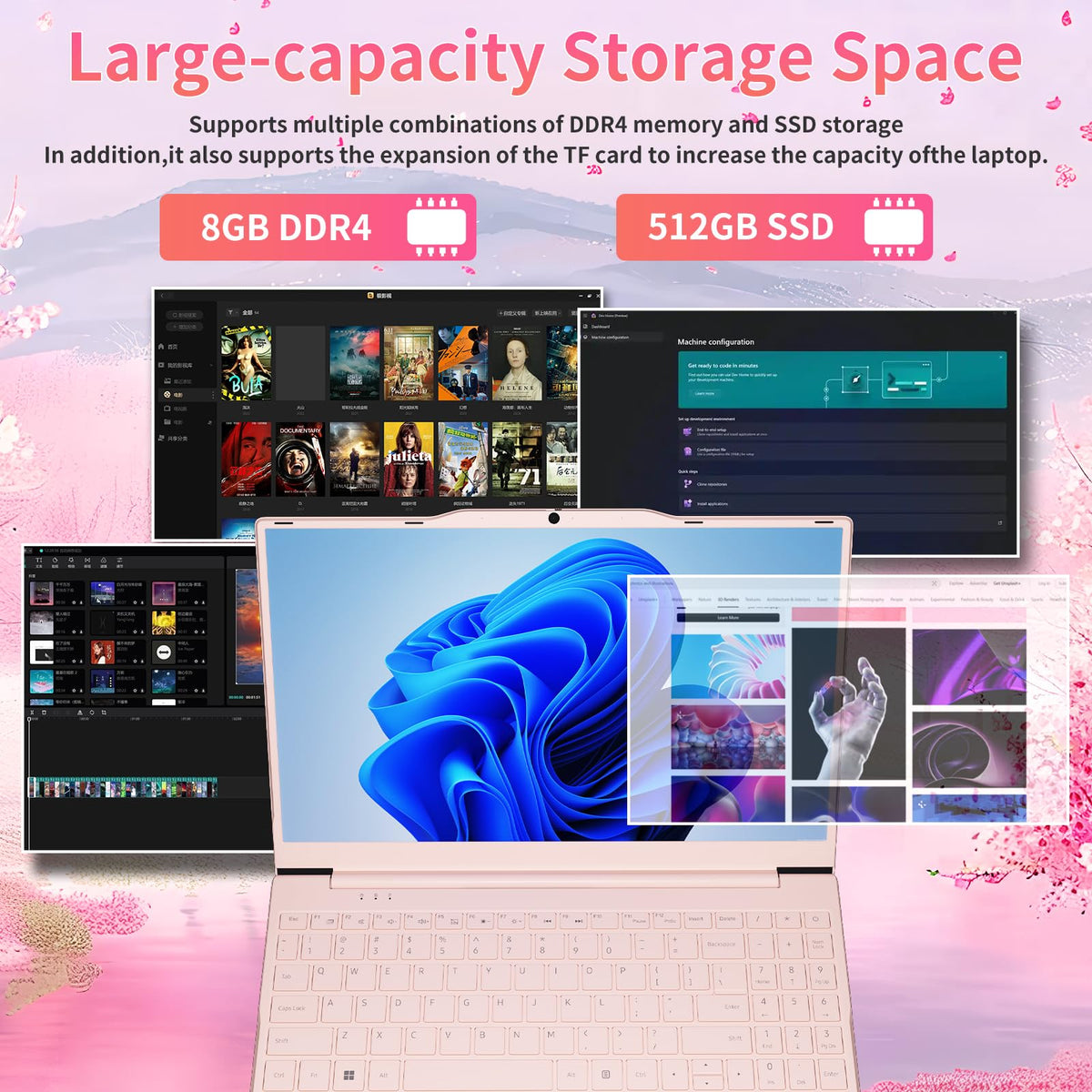 Auusda Student Laptop,14.1" FHD Laptop for Business and Study, 4-Core N5095丨Numeric Keypad, Backlit Keyboard, Privacy Camera, USB 3.0, HDMI, Lightweight & Portable, 8GB RAM, 512GB SSD, Pink