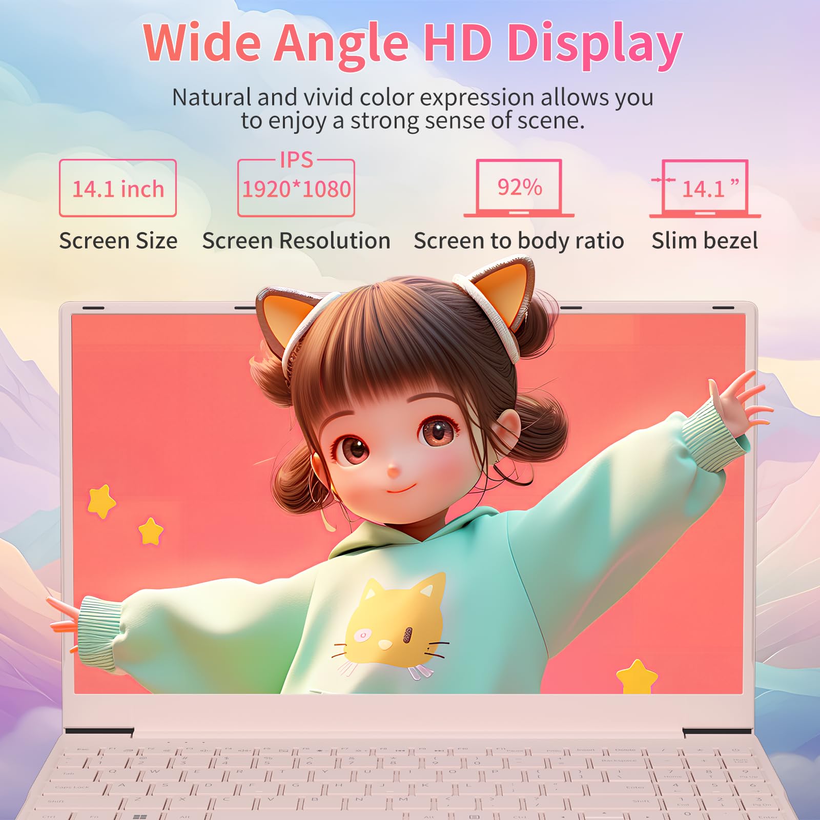 Auusda Student Laptop,14.1" FHD Laptop for Business and Study, 4-Core N5095丨Numeric Keypad, Backlit Keyboard, Privacy Camera, USB 3.0, HDMI, Lightweight & Portable, 8GB RAM, 512GB SSD, Pink