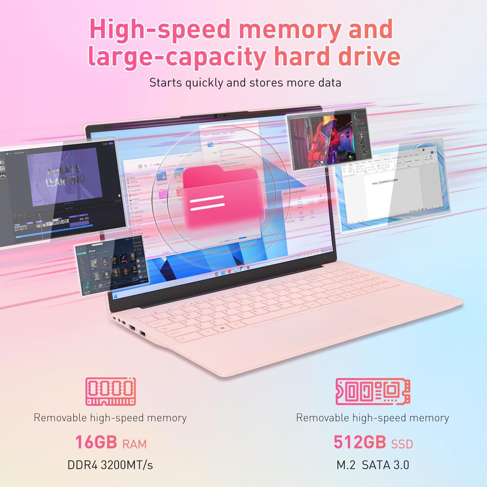 auusda 15.6" FHD Laptop, Athlon Silver 3050E Processor, 16GB DDR4 RAM, 512GB SSD, WiFi 5/ USB 3.0/ Type-C/HDMI, Win 11 Pro, IPS Thin and Light Computer Notebook for Work, Study and Entertainment, Pink