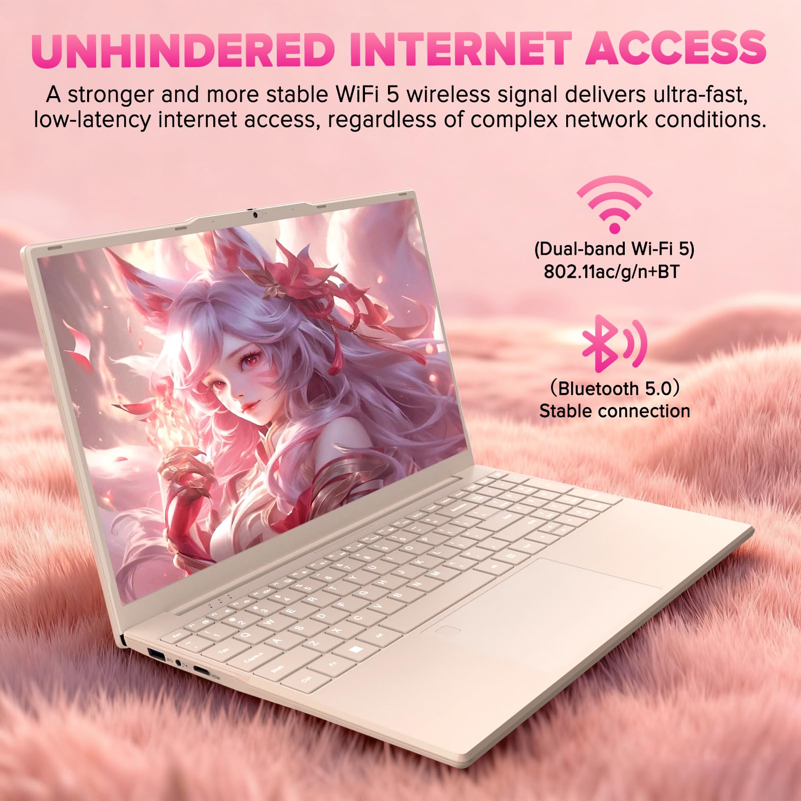 Auusda 2026 Lightweight Portable Pink Laptop, 4C4T-Processor, 15.6" FHD IPS丨Backlit Keyboard, Privacy Camera, Fingerprint Reader, Win 11 Pro, HDMI, for Business Work Study, 8GB RAM 128GB NVMe SSD