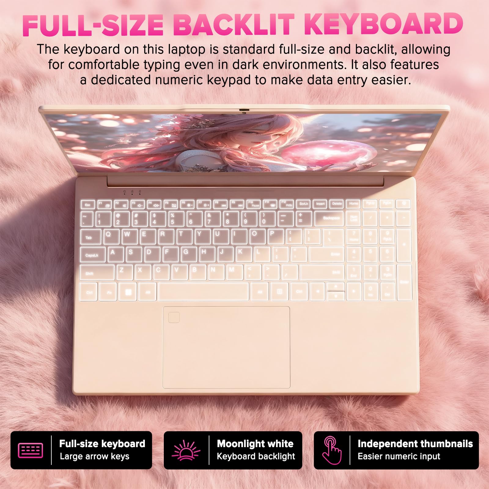 auusda T151J 15.6" FHD Pink Laptop - 32GB DDR4 RAM + 1TB SSD, N5100 Processor (4C4T, 1.1-2.8GHz), Backlit Keyboard, Fingerprint Unlock, Privacy Camera, Win 11 Pro - for Business, Students, Home Users