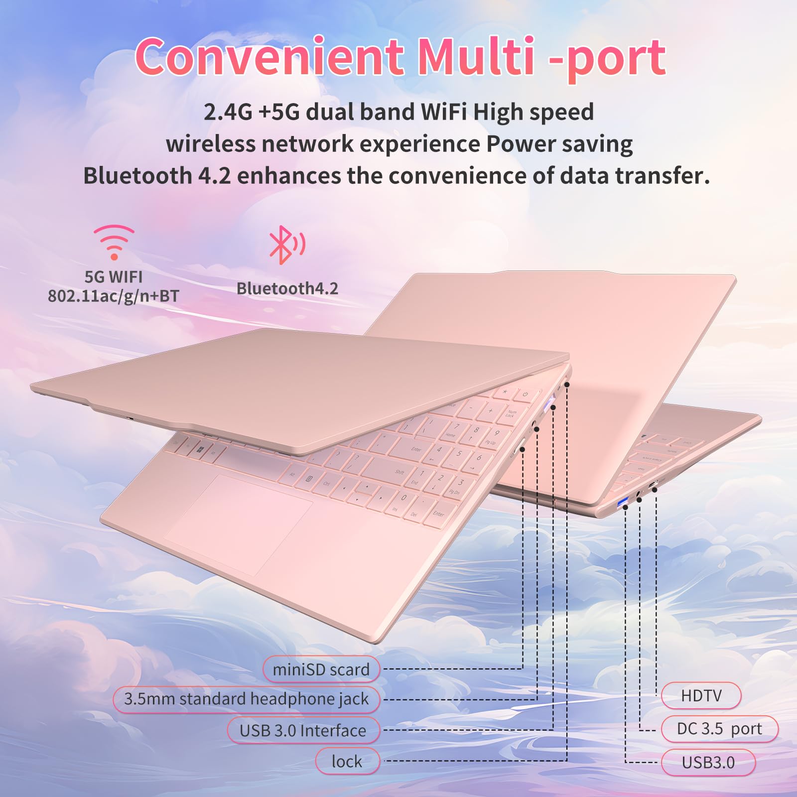 Auusda Student Laptop,14.1" FHD Laptop for Business and Study, 4-Core N5095丨Numeric Keypad, Backlit Keyboard, Privacy Camera, USB 3.0, HDMI, Lightweight & Portable, 8GB RAM, 512GB SSD, Pink